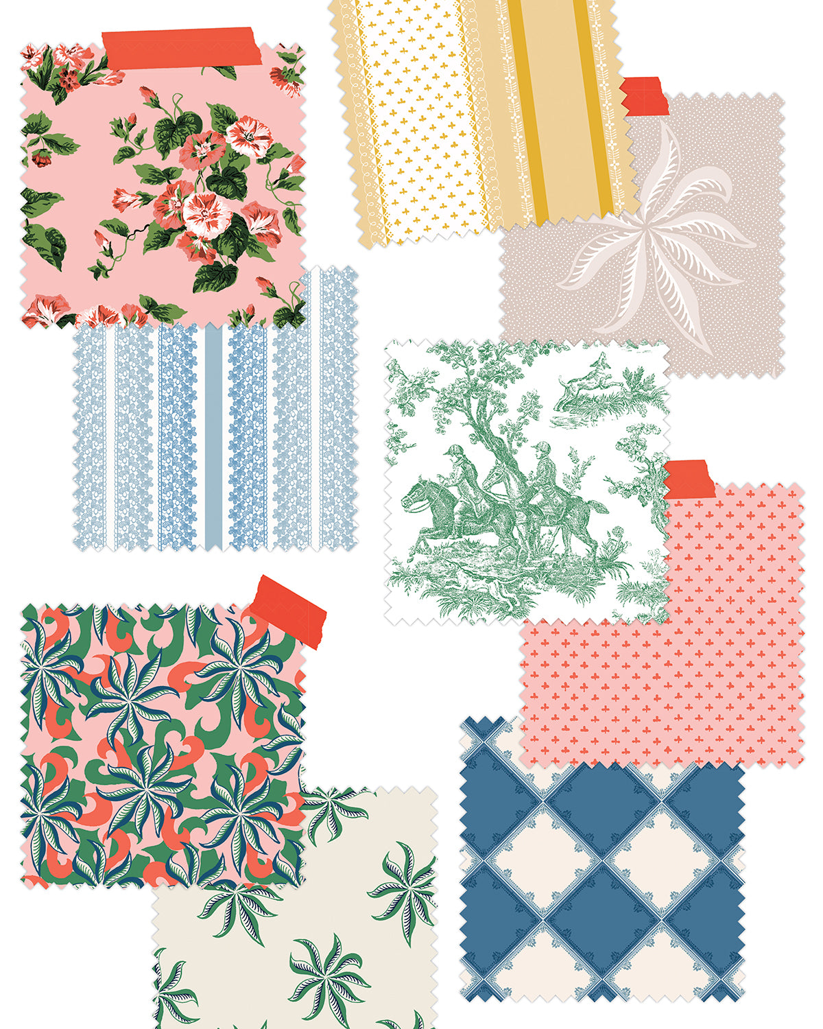 Swatches of Clare V. x Wallshoppe wallpaper spread on a white background. 