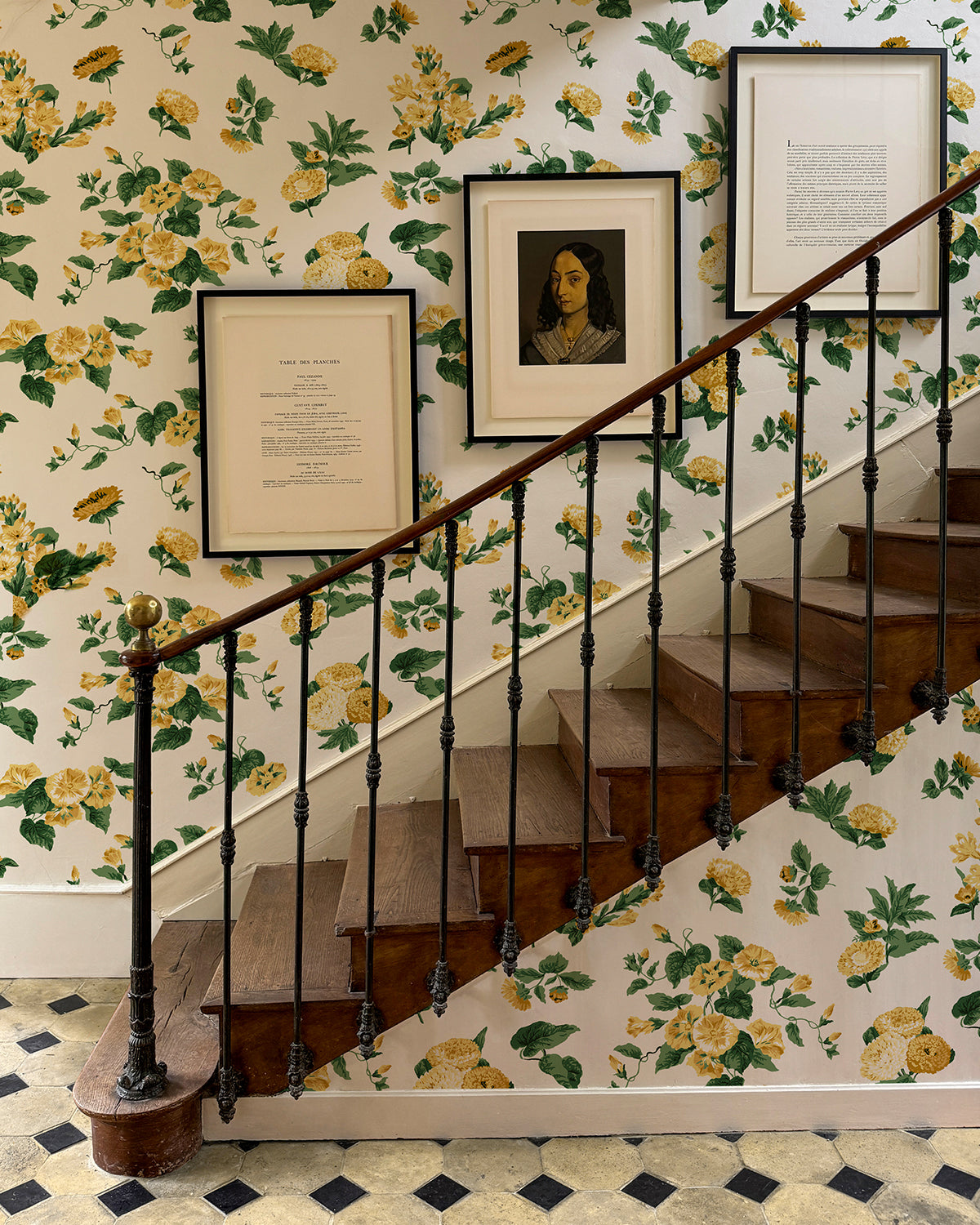 Wooden Staircase with 'La Zinnia' in Buttercream Green wallpaper. 