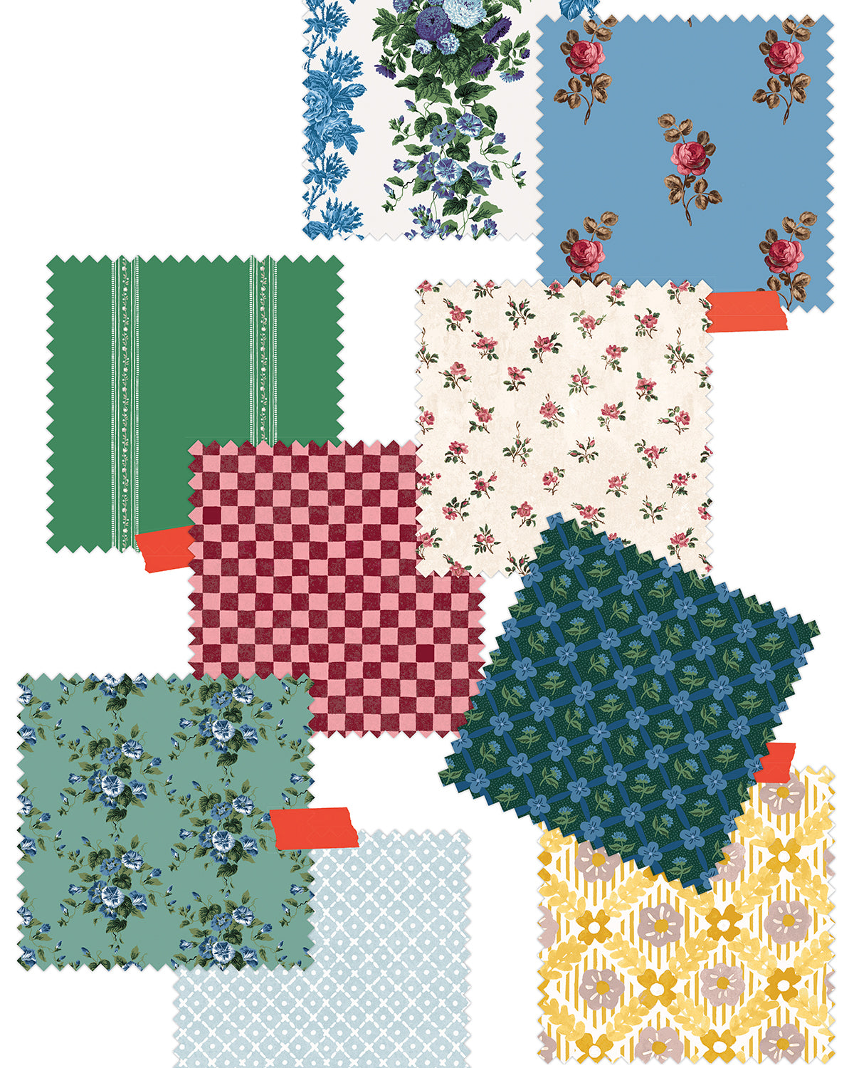 9 Clare V. x Wallshoppe wallpaper swatches spread on a white background. 