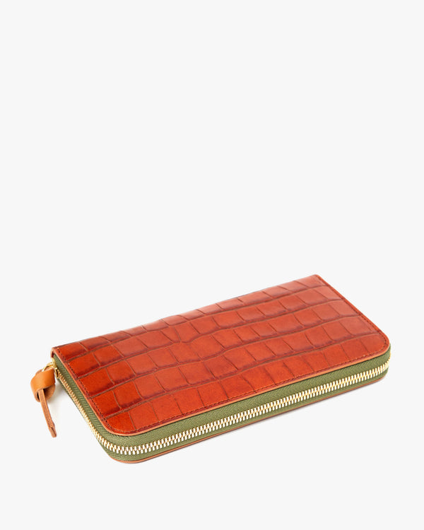 Side of the Cuoio Autumn Croco Zip Wallet showing the Army Green zipper.