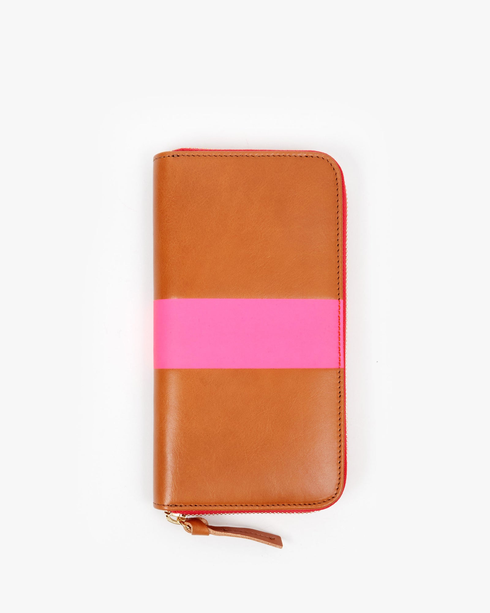 Cuoio w/ Neon Pink Stripe Zip Wallet on its side