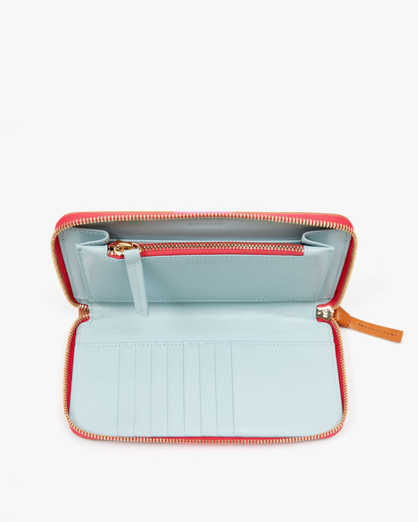 close up of the interior compartments on the Cuoio w/ Neon Pink Stripe Zip Wallet