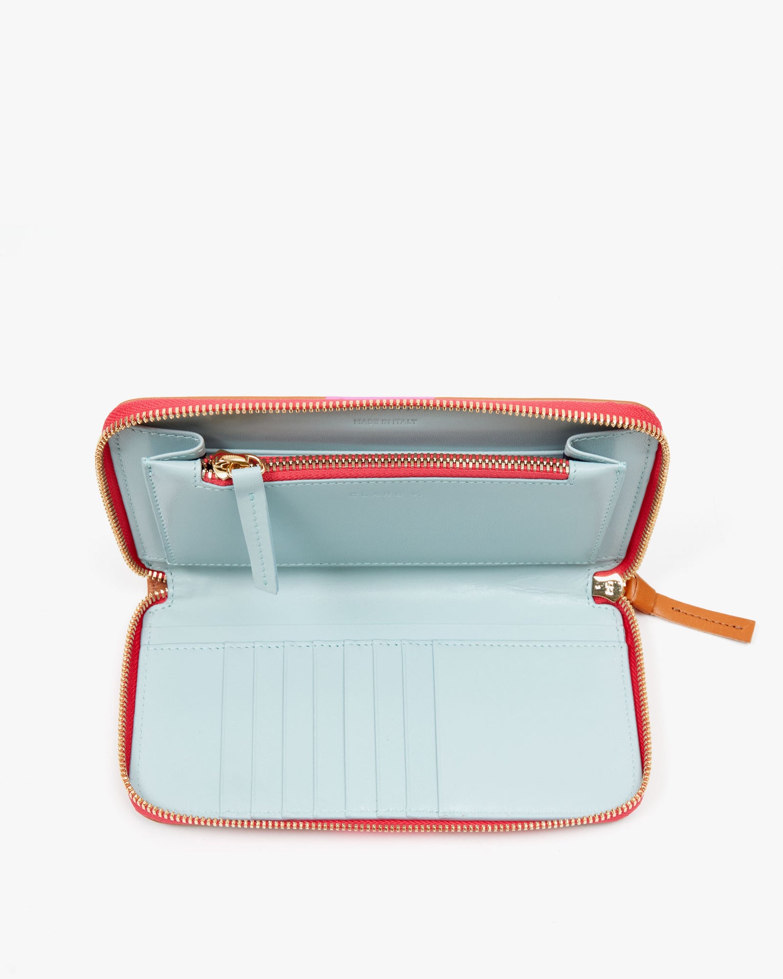 close up of the interior compartments on the Cuoio w/ Neon Pink Stripe Zip Wallet