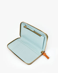 Unzipped Cuoio Autumn Croco Zip Wallet showing the Aqua colored leather interior. 