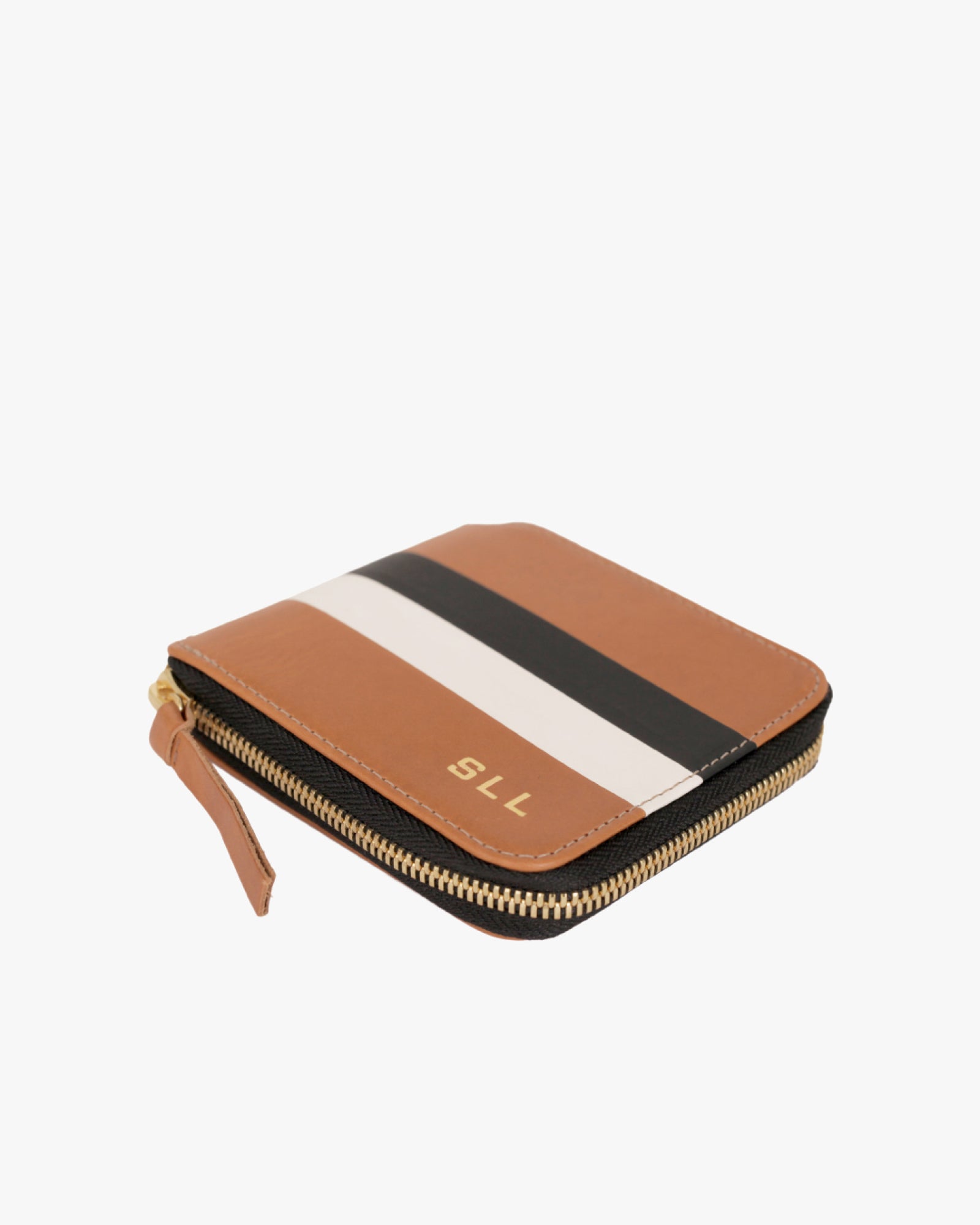 Cuoio with Black and Cream Stripes Half Zip Wallet with Short Gold Foil Monogram on the lower right corner.