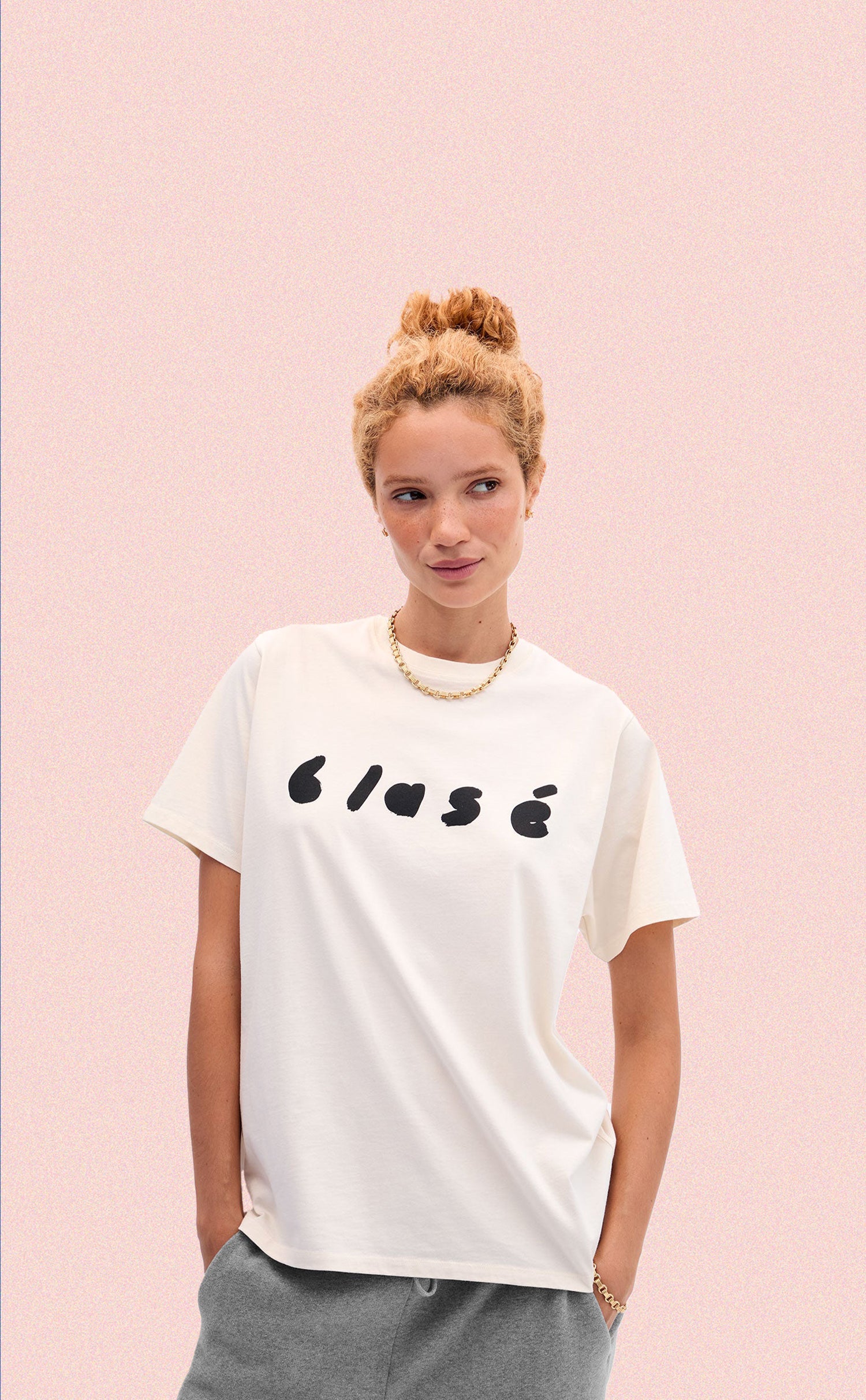 Model wearing the Cream with Blasé Original Tee.