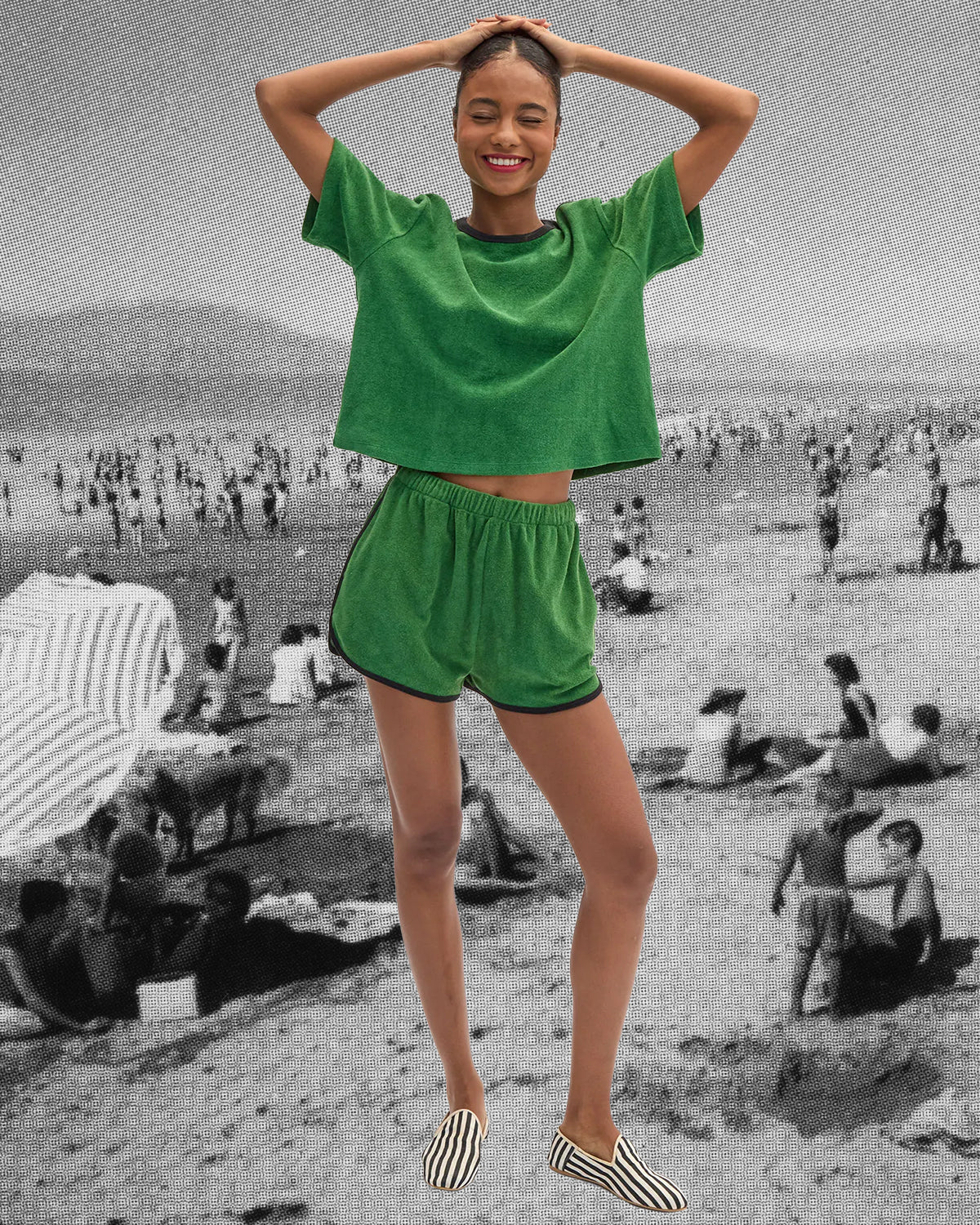 Model wearing the Basil La Plage Tee and matching La Plage Shorts. 