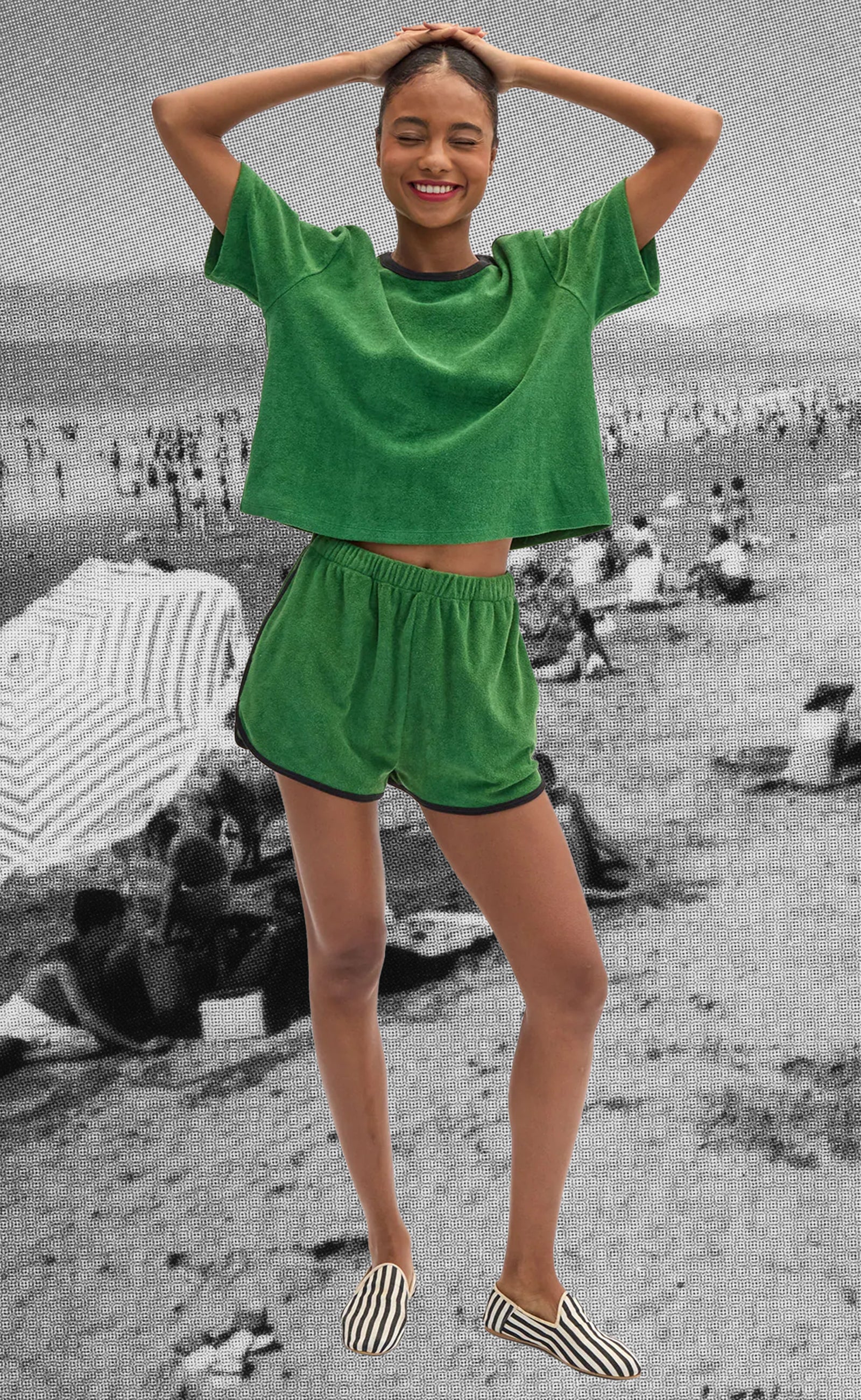 Model wearing the Basil La Plage Tee and matching La Plage Shorts. 