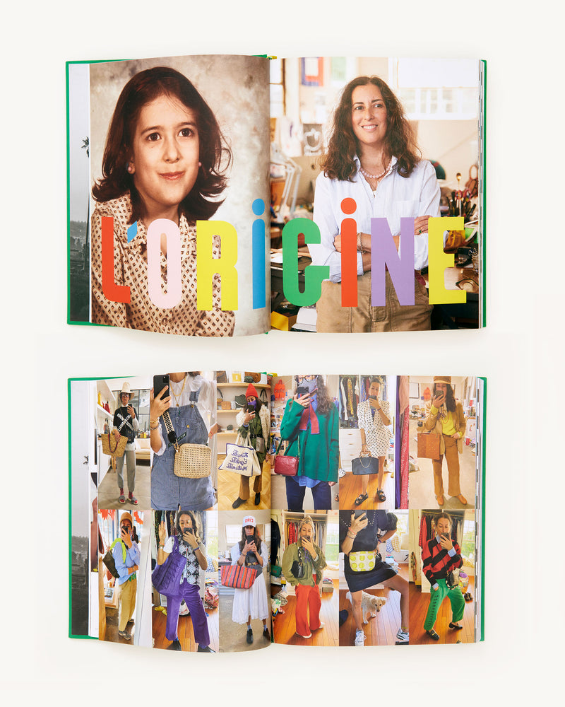 Two spreads of the inside of La Vie De Clare V. one has the word L'origine and features a picture of Clare when she was a child and a picture of her now, the other spread features a collage of Clare Vivier selfie mirror pics where she's carrying and wearing Clare V. bags and apparel. 
