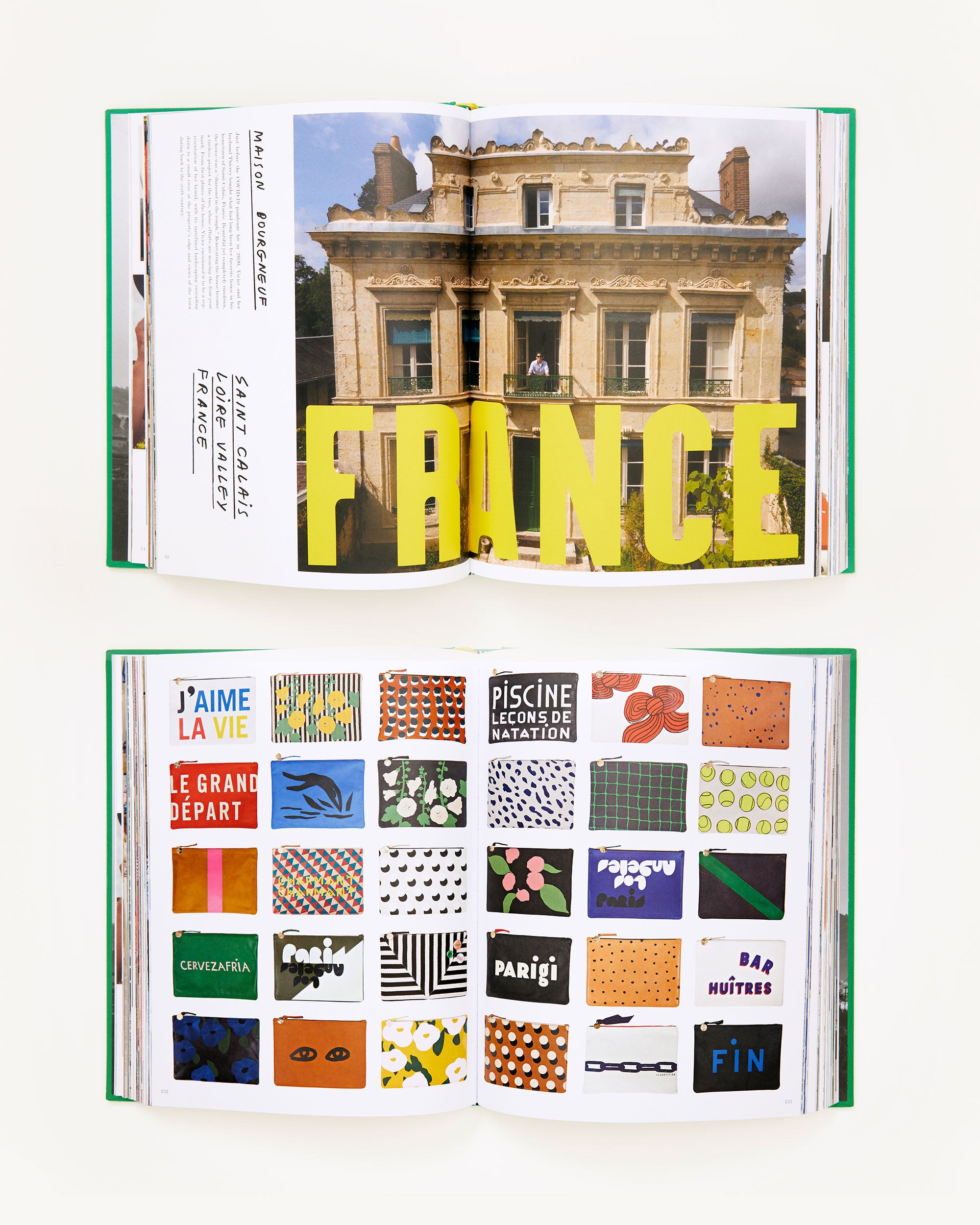 Two spreads of La Vie De Clare V. open. The images show a spread of our printed flat clutches and a spread showing a home with the word France over it. 