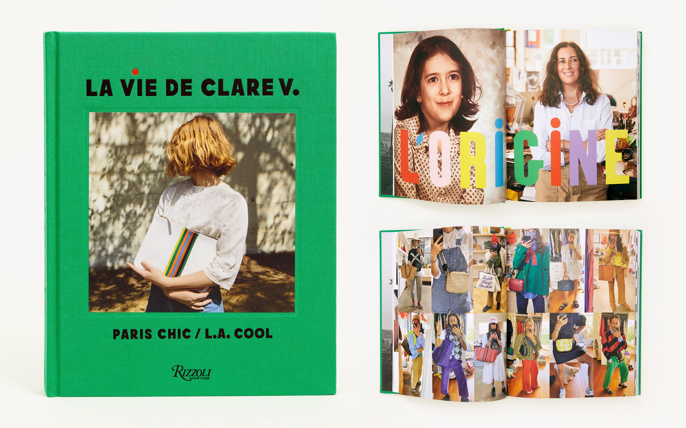 La Vie De Clare V. Book Cover on the left. On the right, there are two spreads of the inside of the book - one has the word L'origine and features a picture of Clare when she was a teen and a picture of her now, the other spread features a collage of Clare Vivier selfie mirror pics where she's carrying and wearing Clare V. bags and apparel. 
