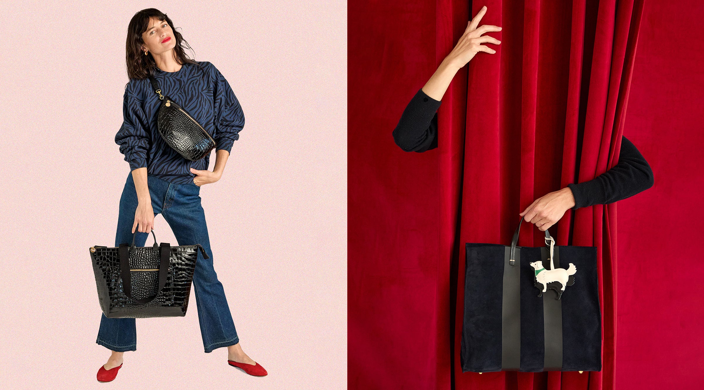 Models carrying Clare V. leather handbags.