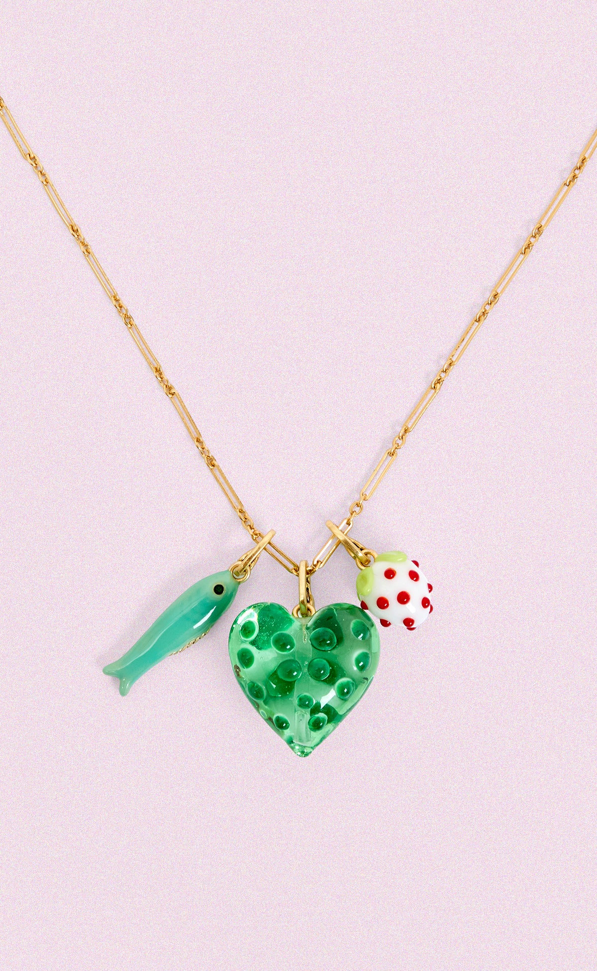 Paperclip Charm Chain Necklace with L'Été Sardine Charm, Polka Dot Heart Charm, and Strawberry Charm. 