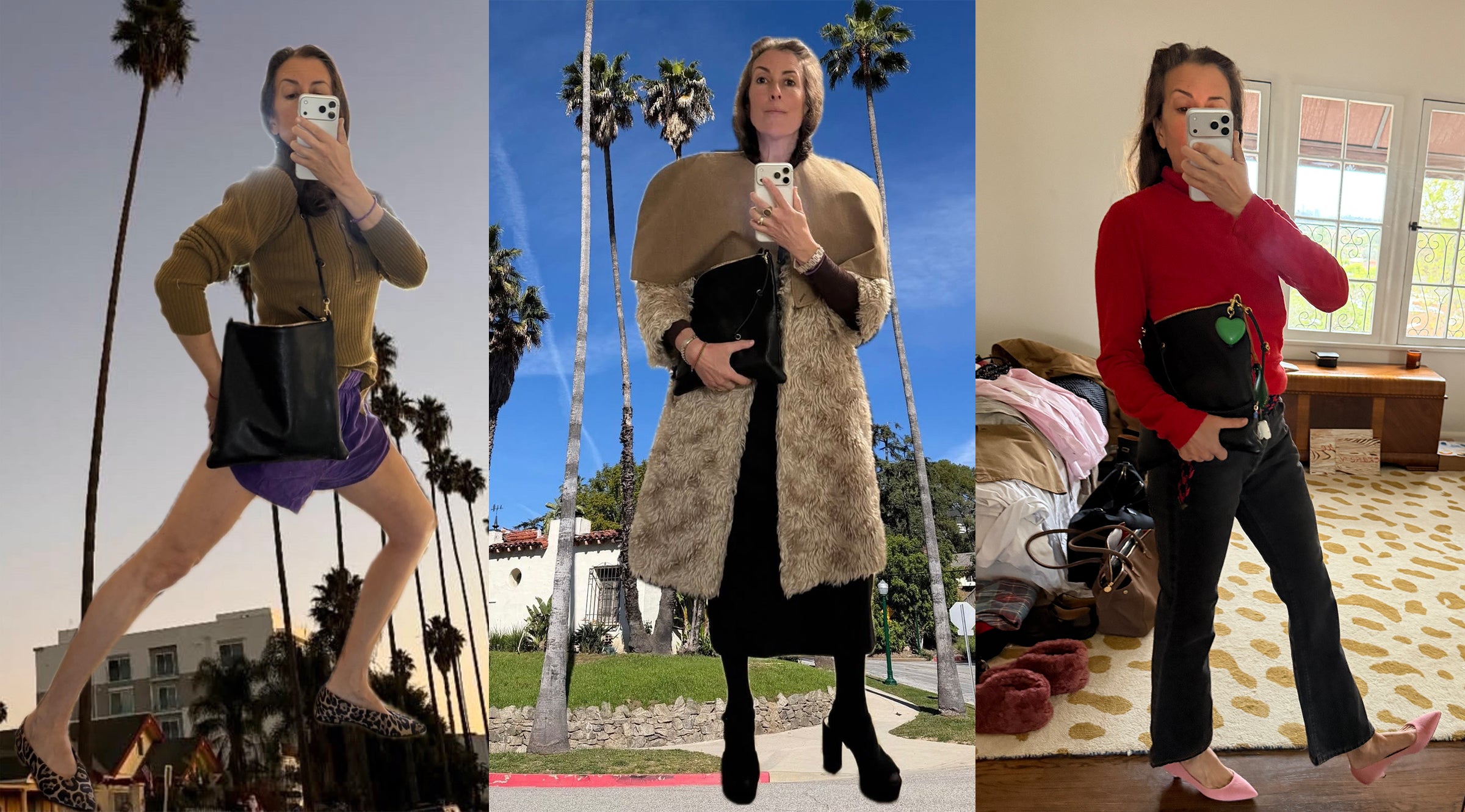 Selfie pictures from Clare while holding the Black Petit Caviar Foldover Clutch with Tabs with Shoulder Strap.