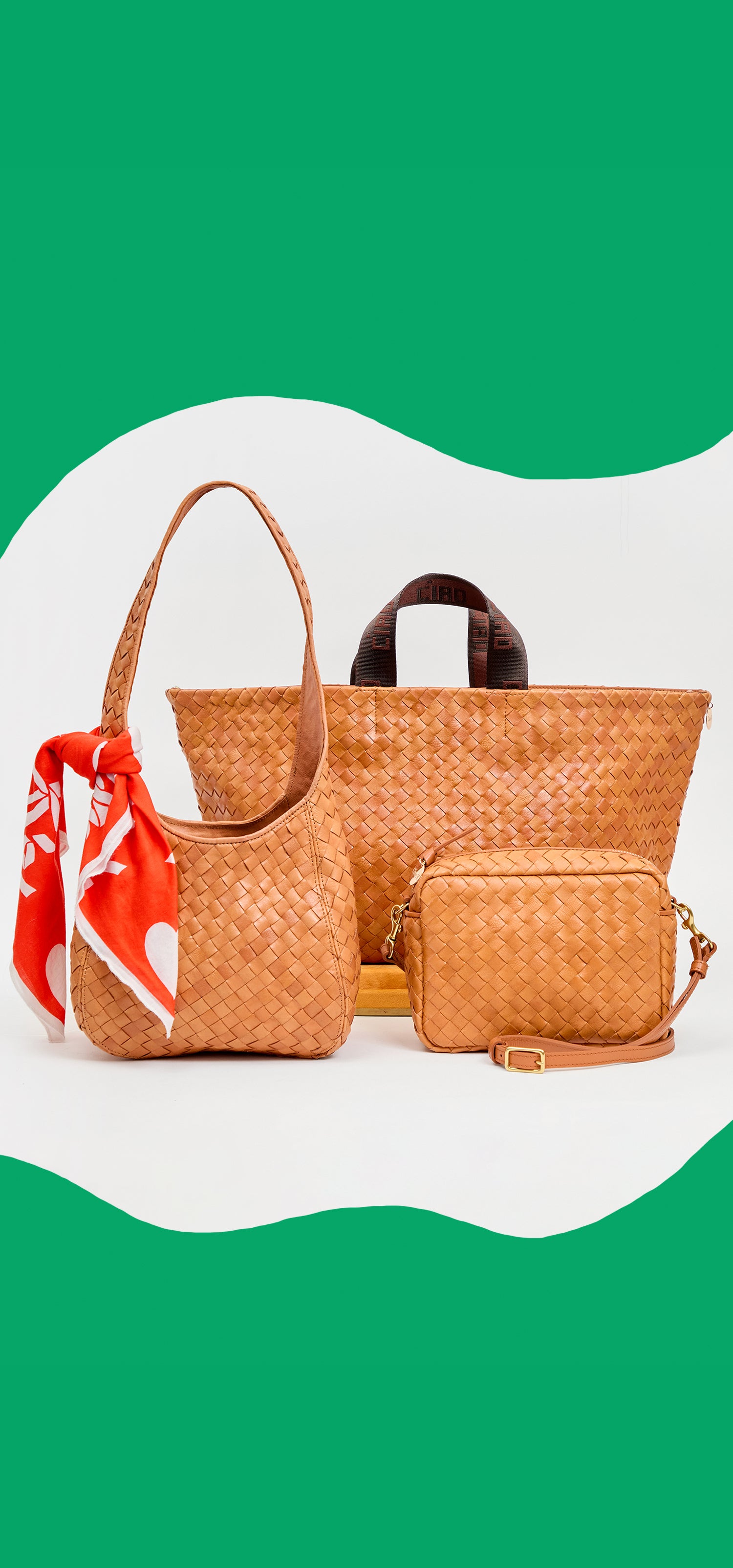 Natural Diagonal Woven Petit Bando with EMC Bandana, Natural Diagonal Woven Bateau Tote, and Natural Diagonal Woven Mid Sac.