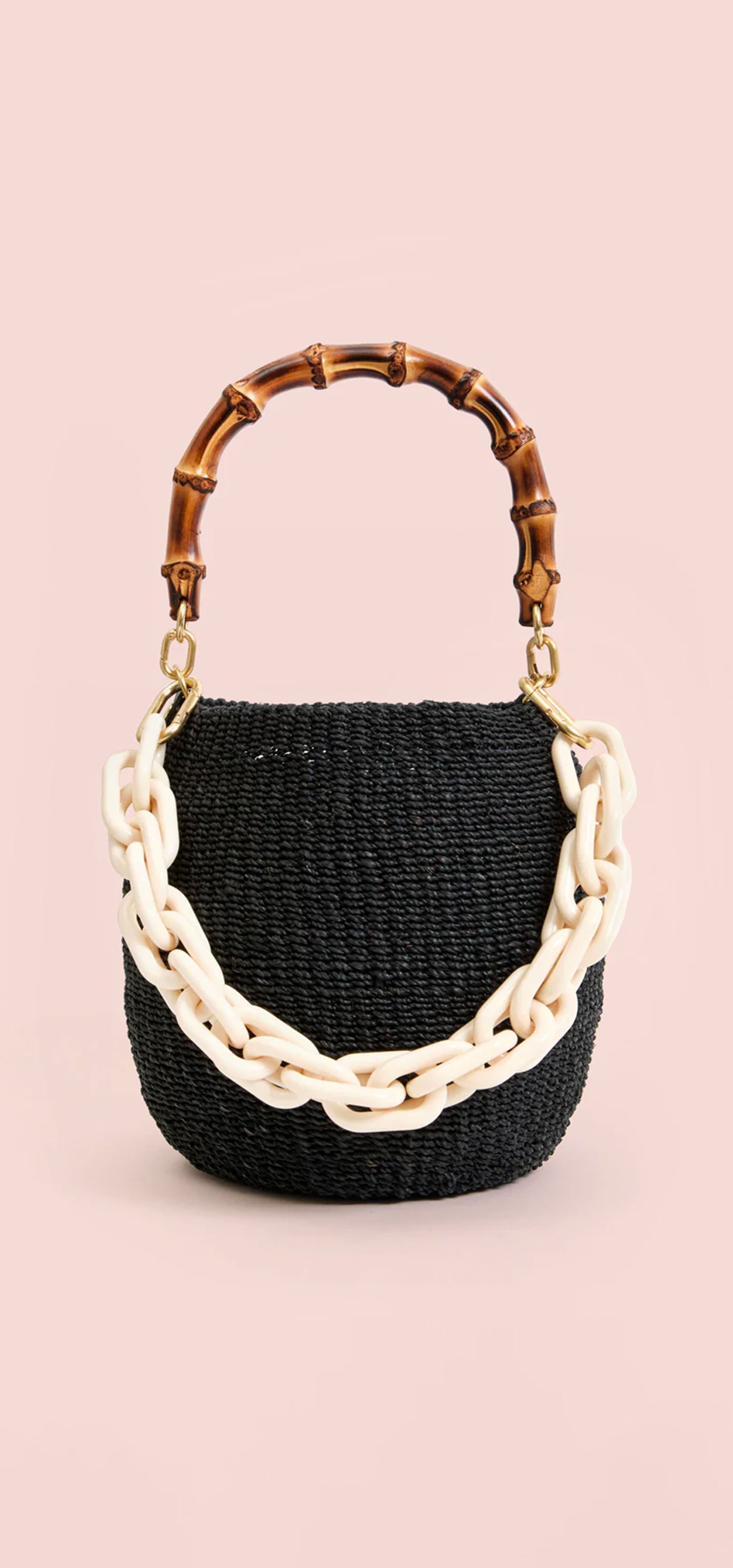 Black Pot de Miel with Bamboo Handle and Cream Resin Shortie Strap.