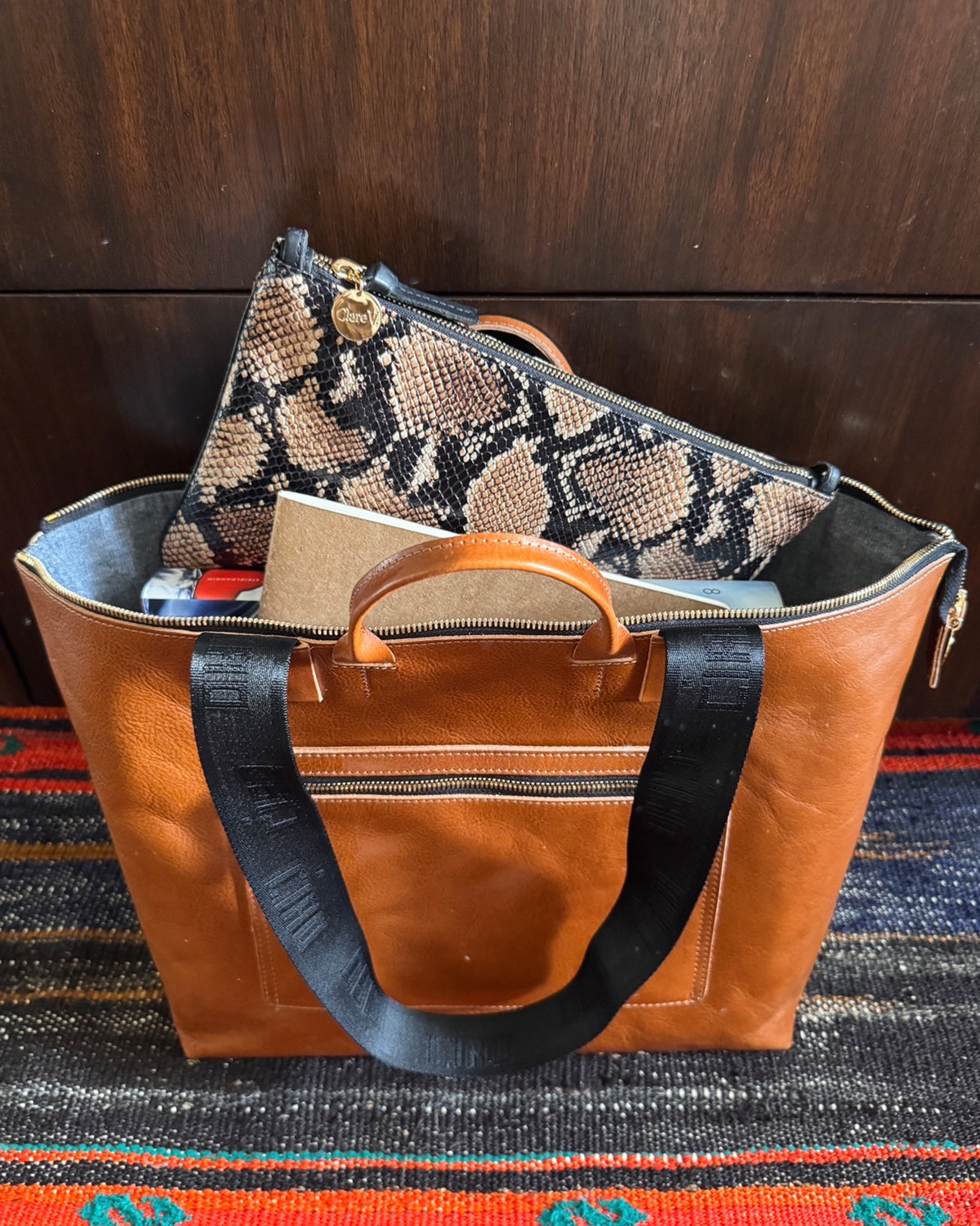 MIel Le Zip Sac with Tan Desert Snake Flat Clutch inside. 