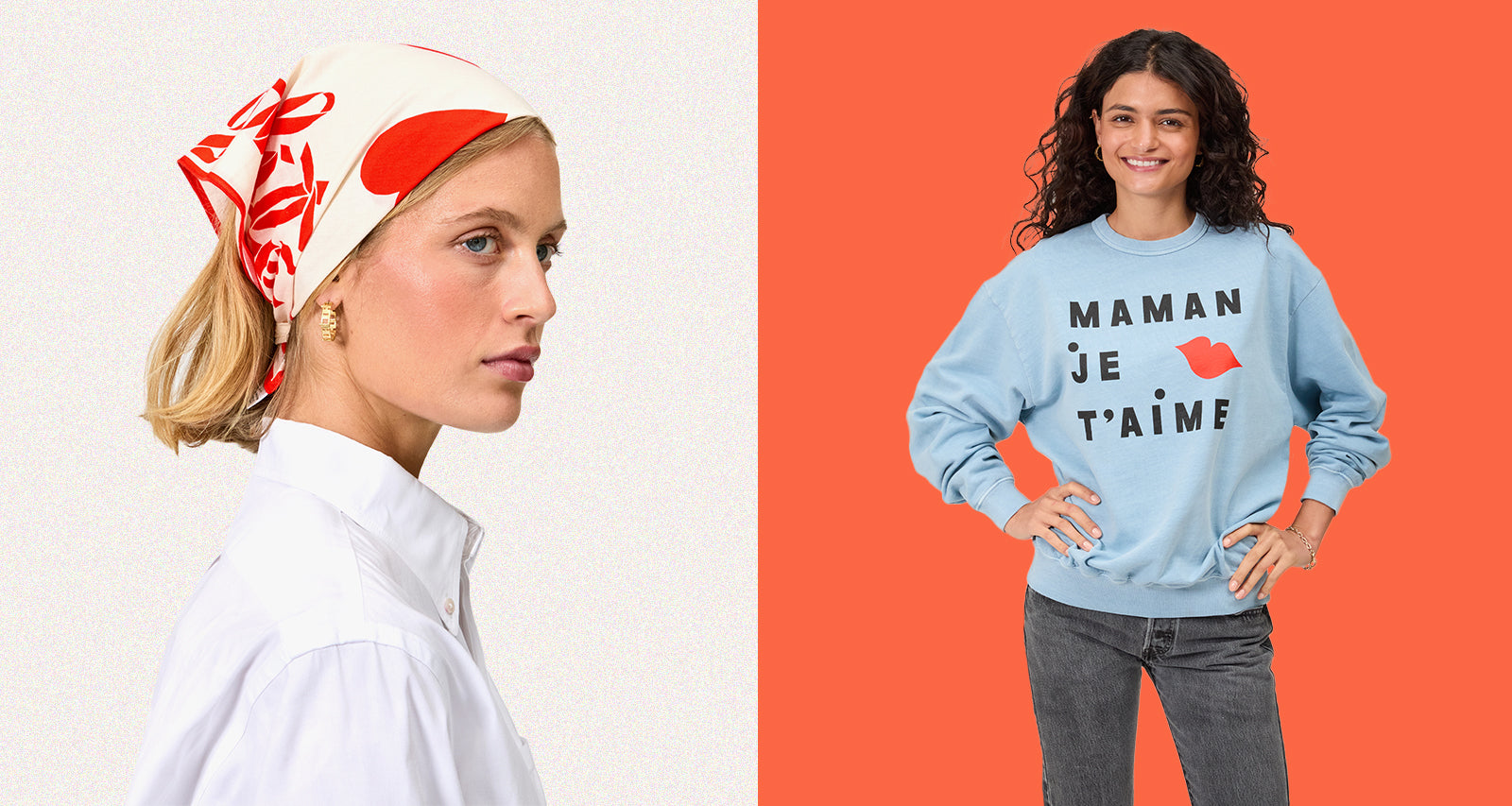 CV x Every Mother Counts Cream and Poppy Bandana and Light Blue Sweatshirt. 