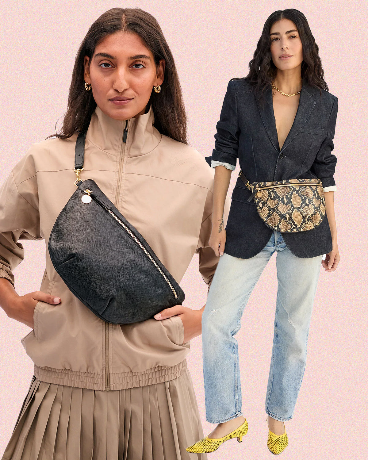 Models showing two different ways you can carry the Grande Fanny - around your waist and across your chest. 