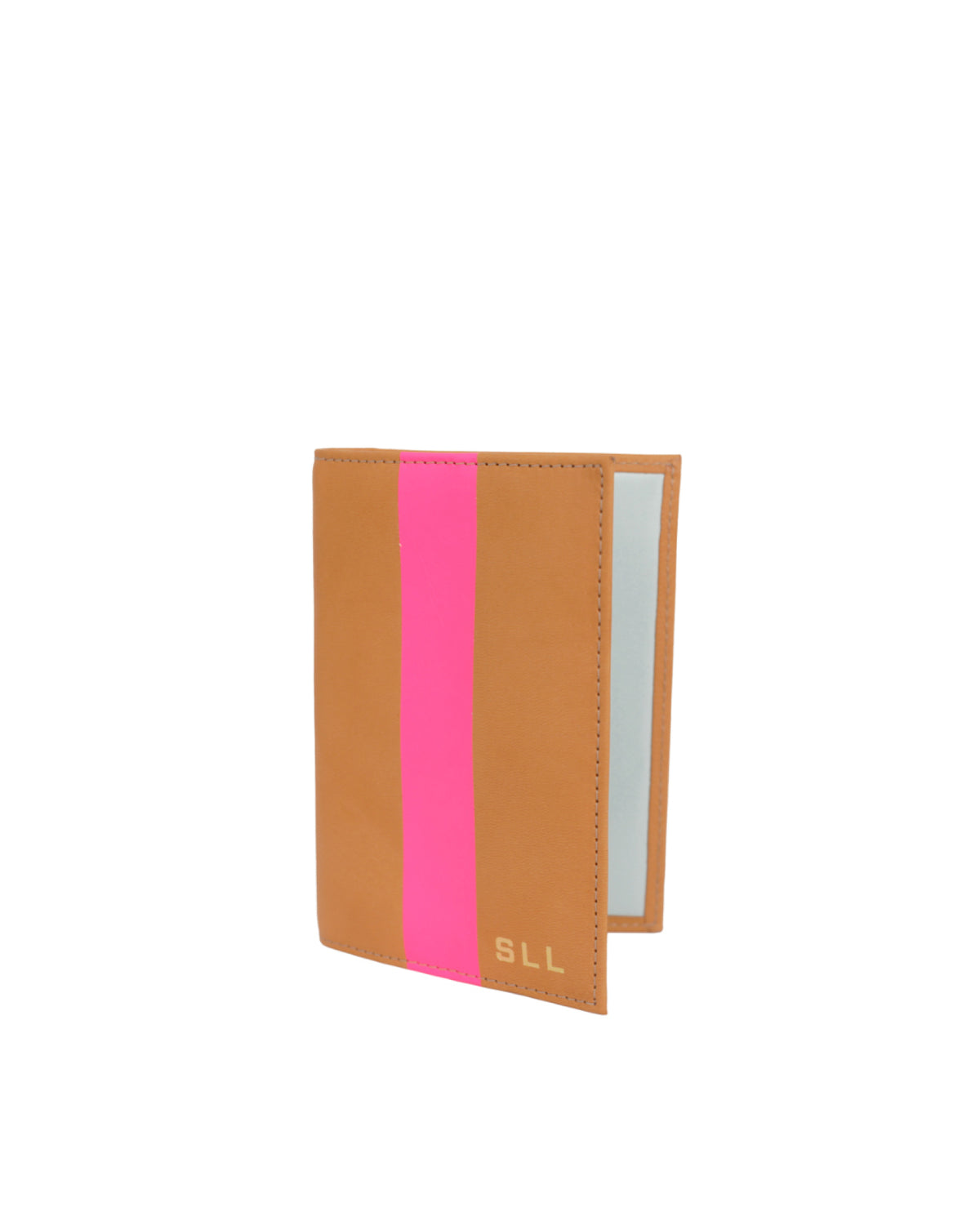 Cuoio with Neon Pink Stripe Passport Sleeve with Short Gold Monogram, Lower Right Corner Placement.