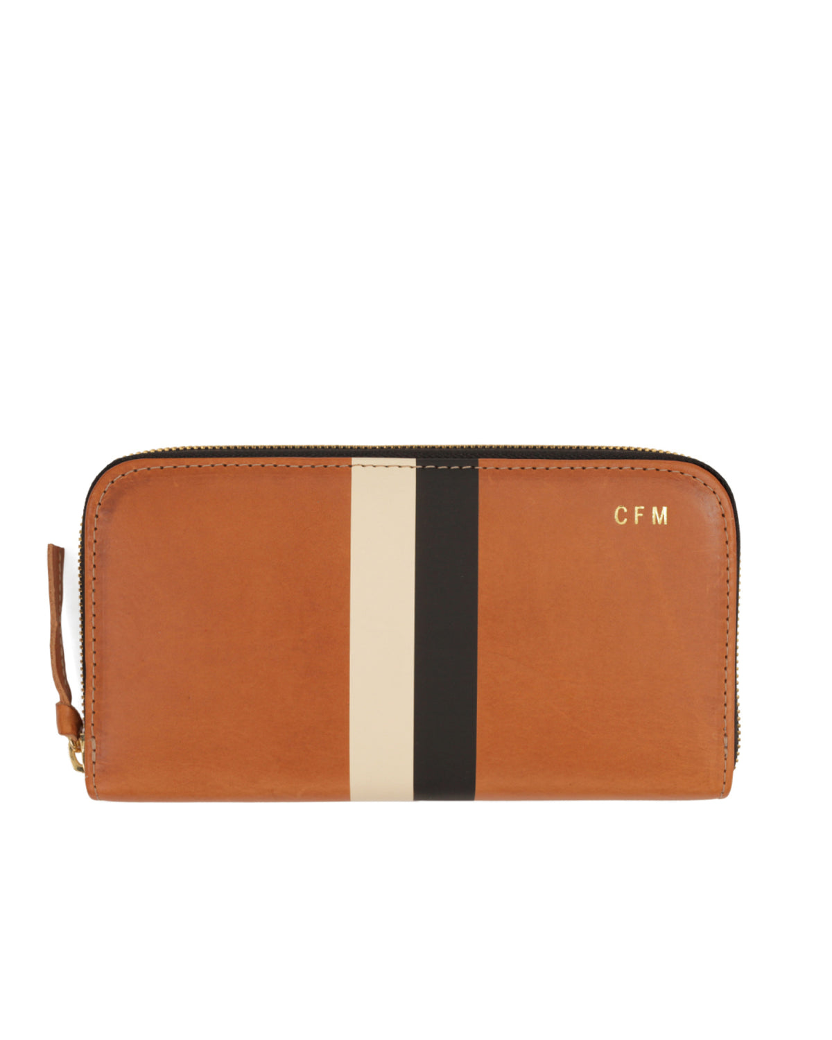 Image of a tan leather wallet with cream and black stripes in the center and a custom gold foil monogram at the top right of the wallet.