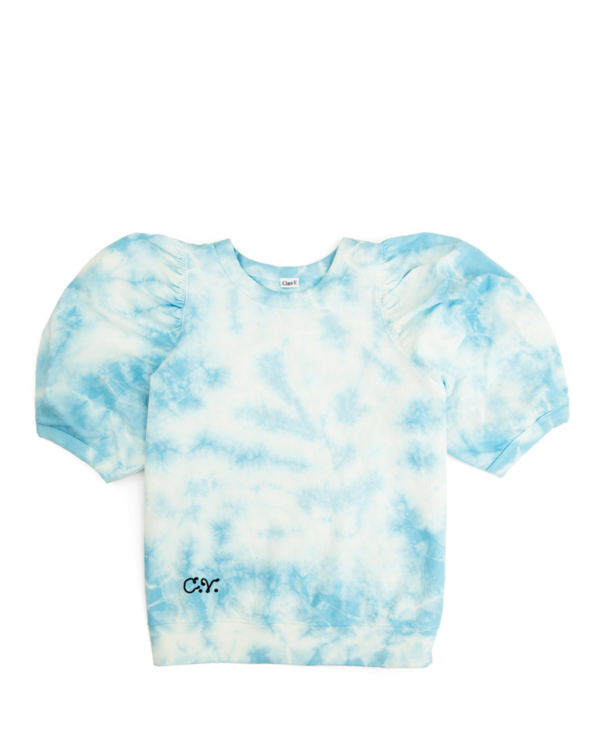 Blue Tie Dye Puff Sleeve Sweatshirt with CV Embroidered Monogram in our Script Font