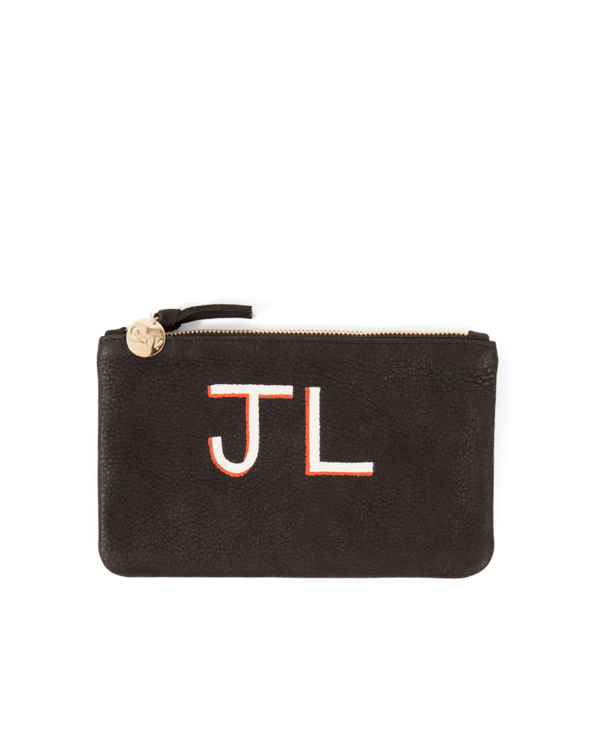 Black Nubuck Wallet Clutch with 2 Inch Letters On The Top Center Placement.