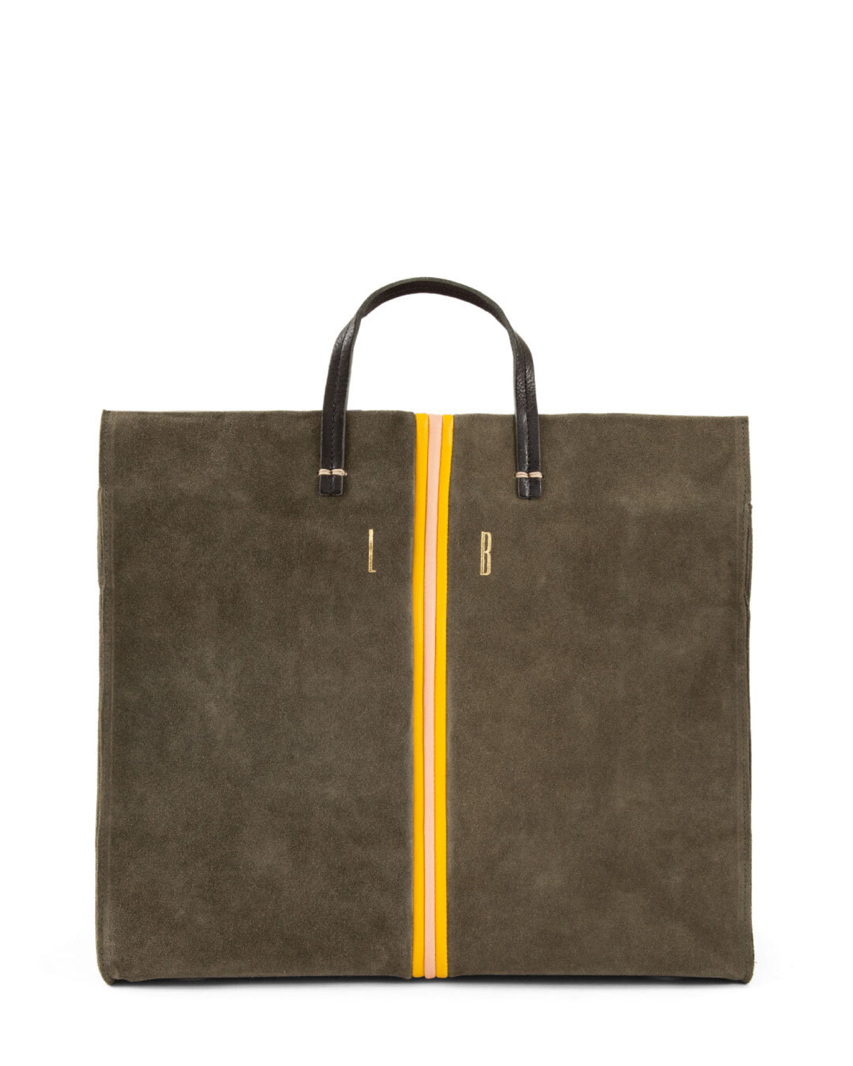 Army Suede Simple Tote with Tall Gold Foil Monogram In The Top Center.