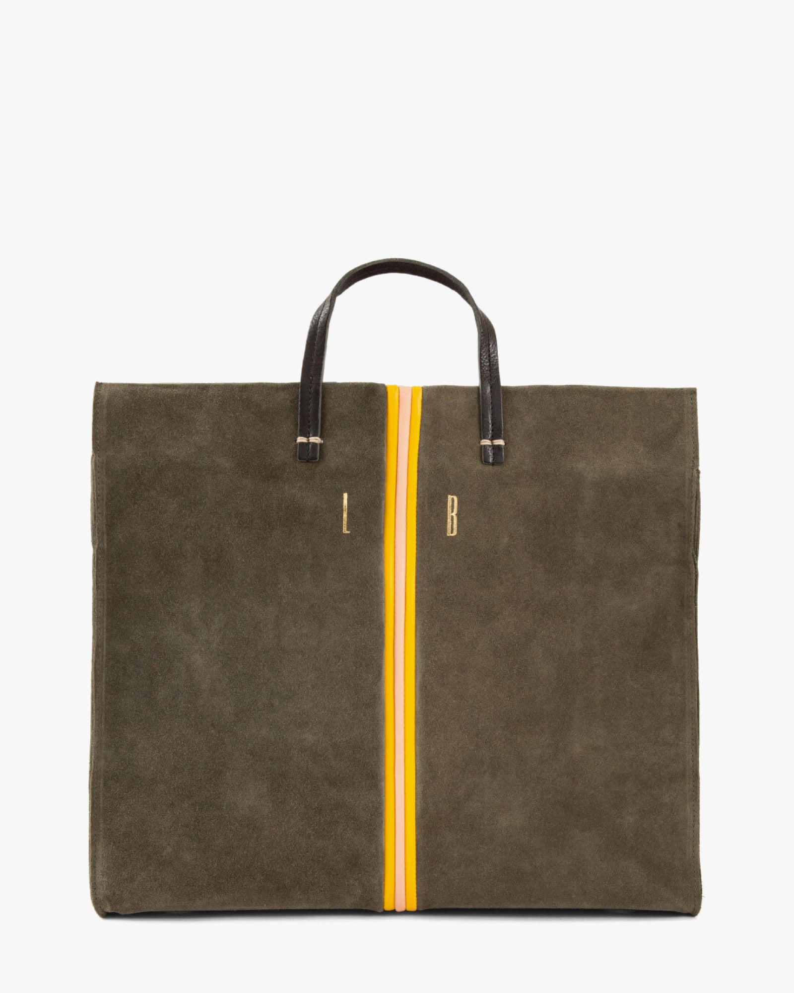 Army Suede Simple Tote with Tall Gold Foil Monogram In The Top Center.
