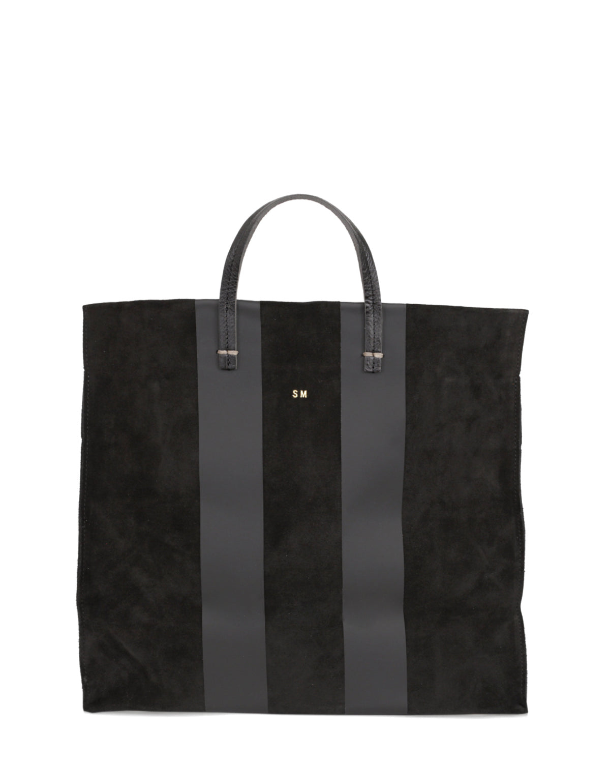 Black with Racing Stripes Simple Tote with Short Gold Foil Monogram In The Top Center.