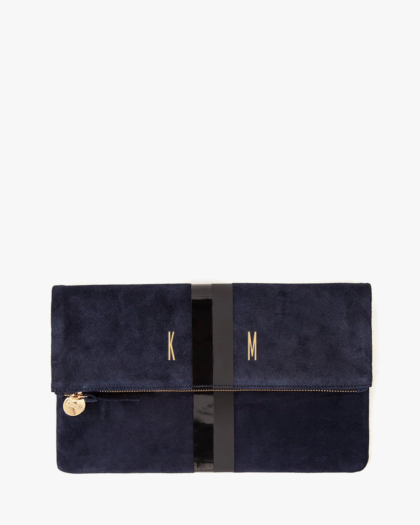 Navy Suede with Matte and Glossy Stripes Foldover Clutch with Tall Gold Foil Monogram.