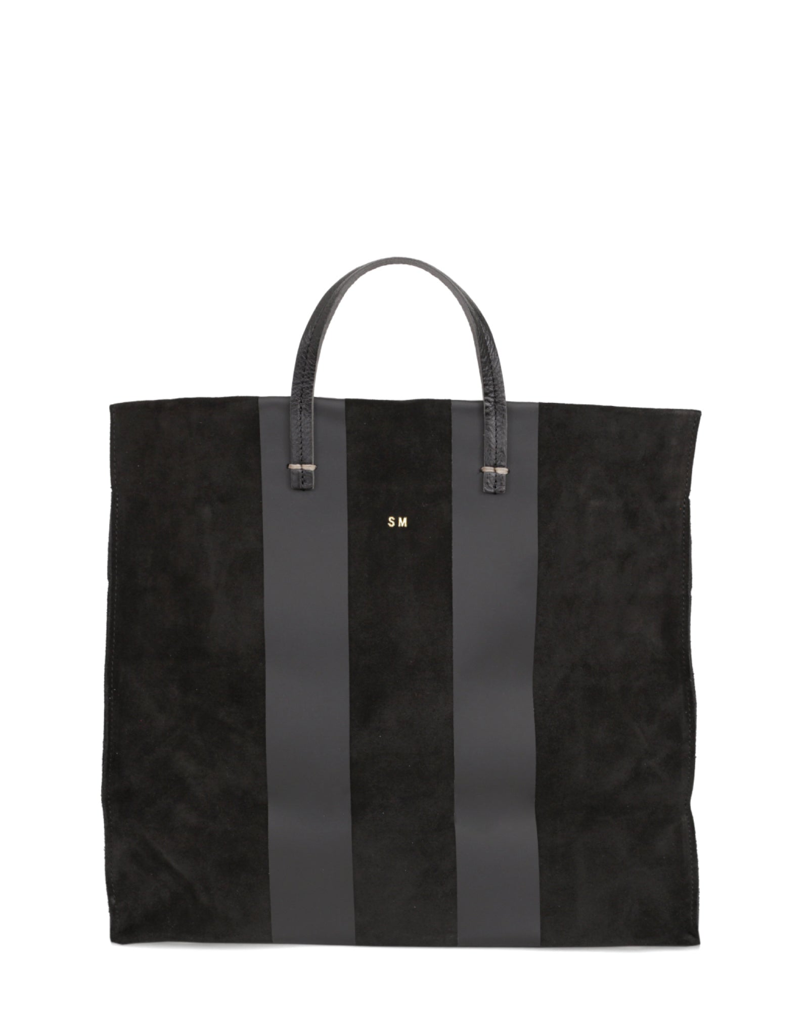 Black with Racing Stripes Simple Tote with Short Gold Foil Monogram In The Top Center.