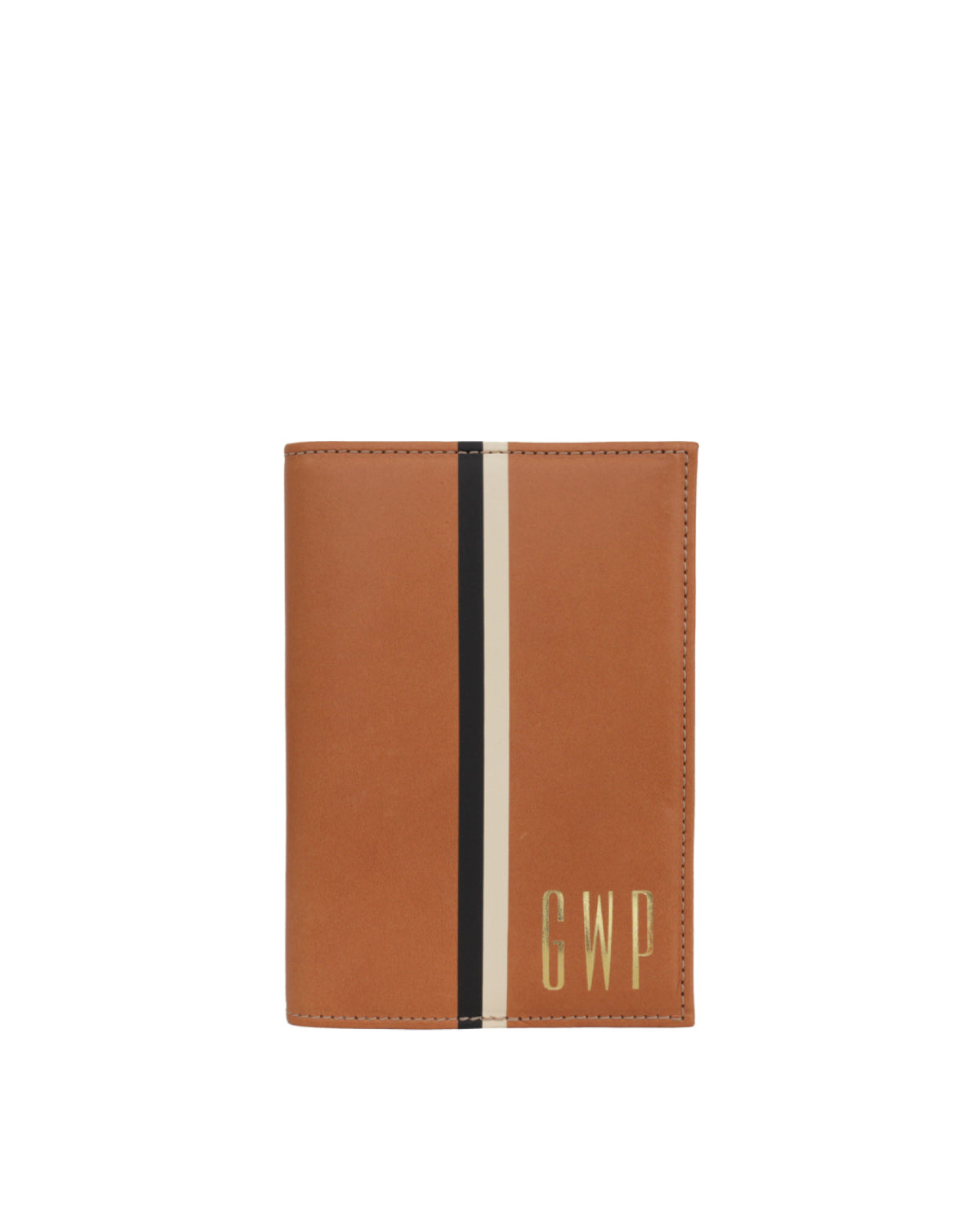Cuoio with Black and Cream Stripes Passport Sleeve with Tall Gold Foil Monogram On the Lower Right Corner.