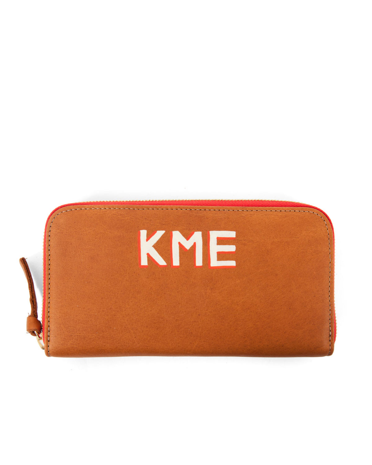 Tan Zip Wallet with 1 Inch Hand Painted Letters, Top Center Placement.
