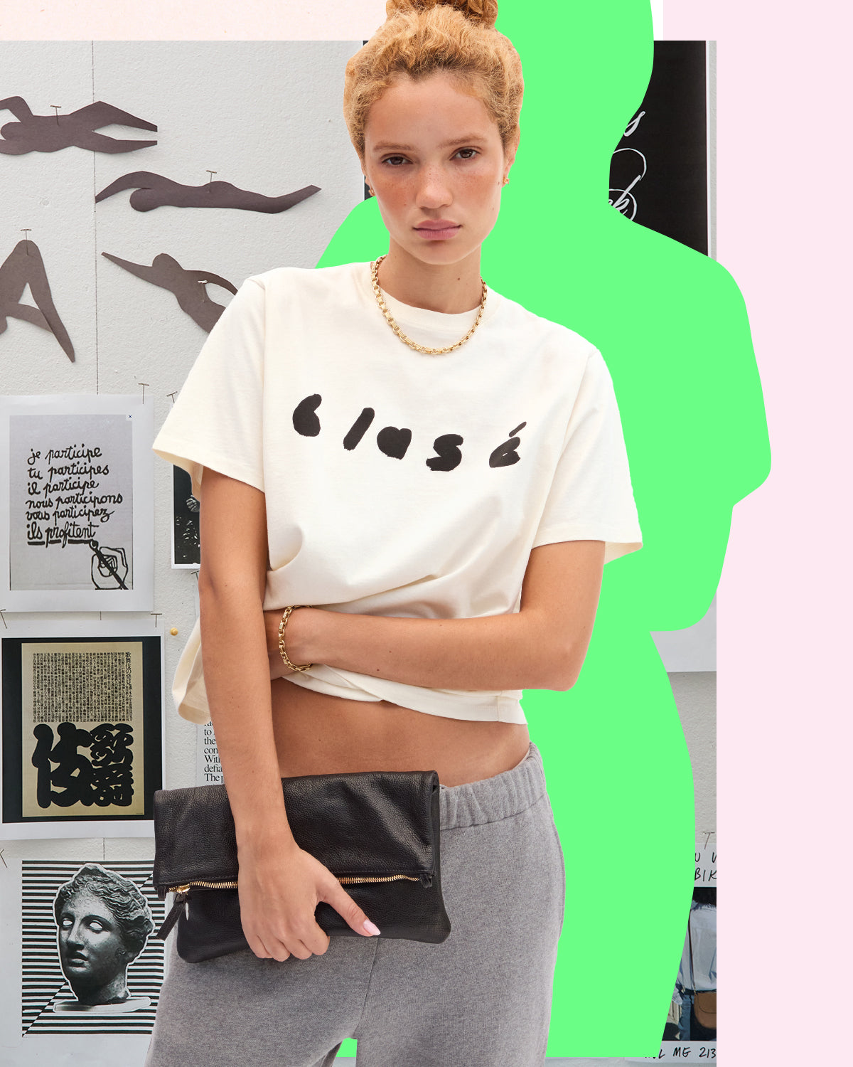 Model wearing the Cream with Black Blasé Original Tee.