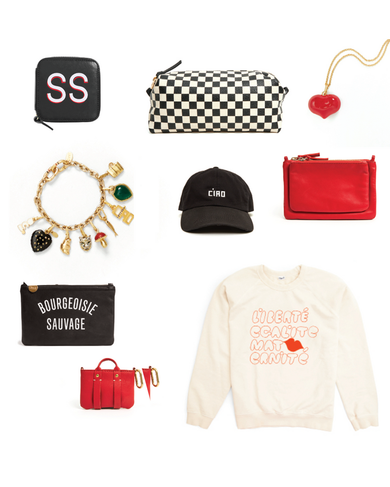Assortment of Clare V.  products. Featured Products: Charm Bracelet with Clare V. Charms attached to it, Rouge Trop Bébé,  Bourgeoisie Sauvage Wallet Clutch with Tabs, Rouge Wallet with Tabs, Red Enamel Mylar Heart Charm, Ciao Baseball Hat, Black Box A Bijoux with Painted Monogram, and Checkered Toiletry Case