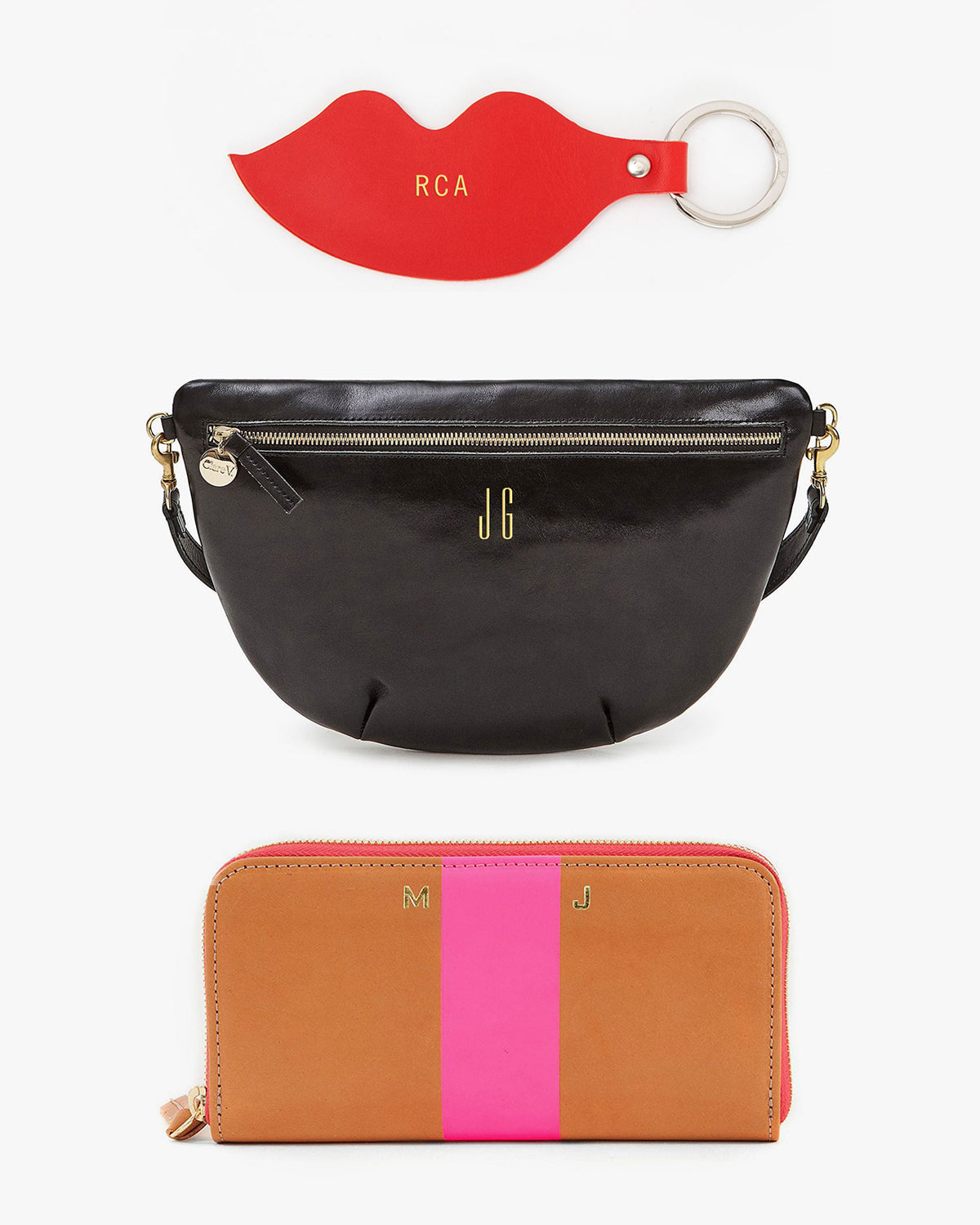 Lips Keychain with gold foil monogram in petit letters, Black Grande Fanny with gold foil monogram in tall letters, Neon Pink Stripe Zip Wallet with gold foil monogram in short letters. 