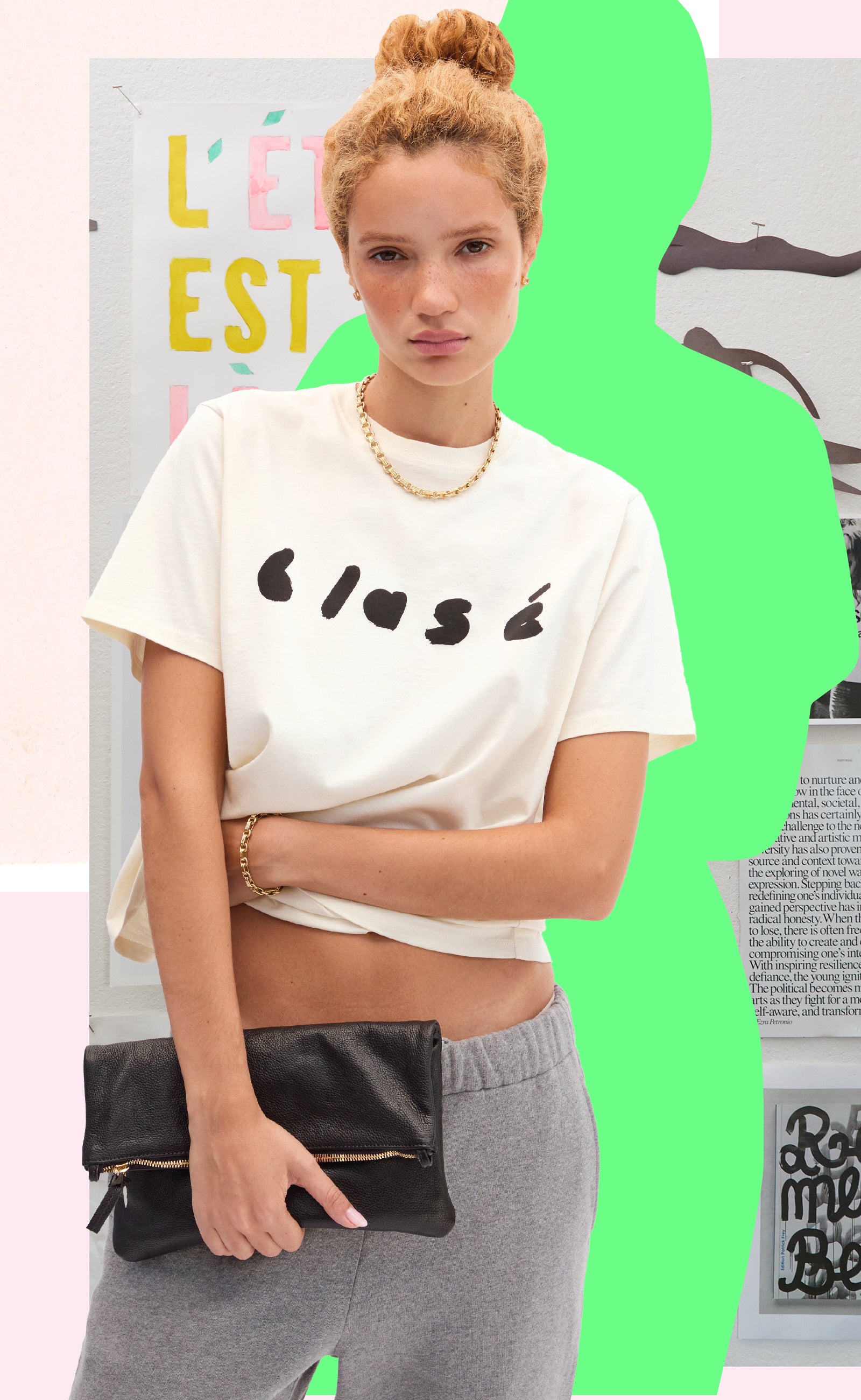 Model wearing the Cream with Black Blasé Original Tee.