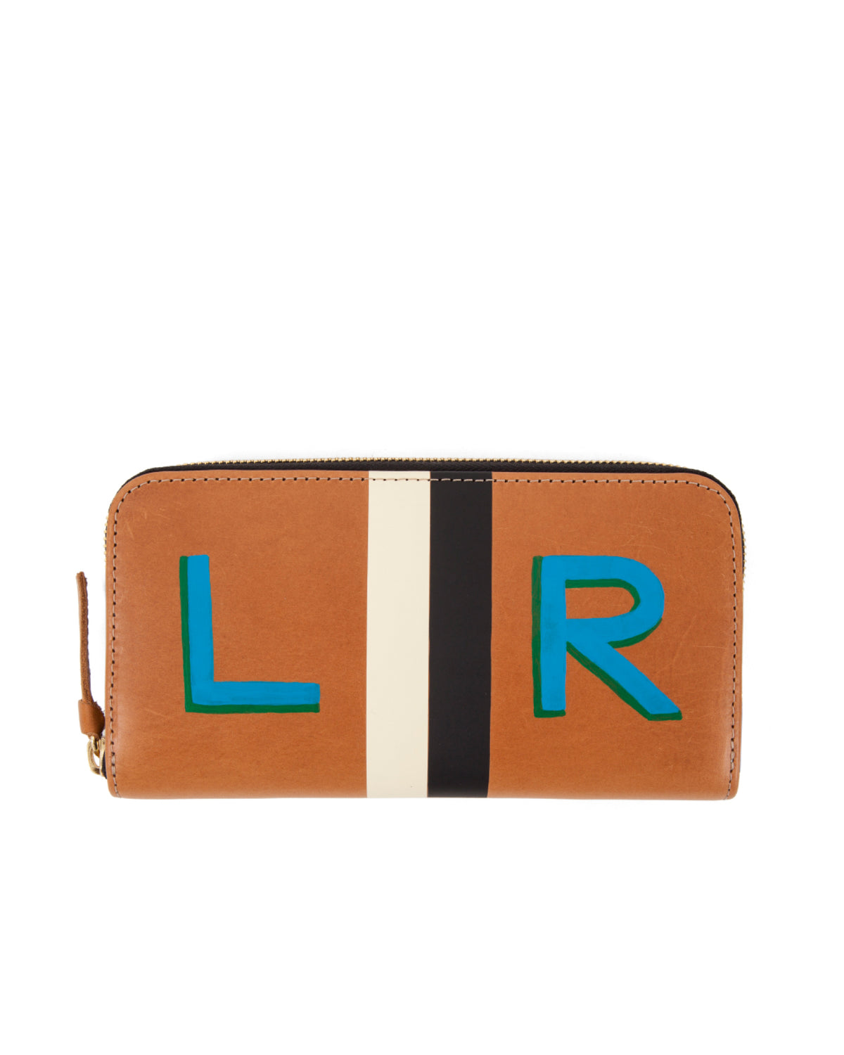 Cuoio with Black and Cream Stripes Zip Wallet with 2 Inch Hand Painted Letters On The Center