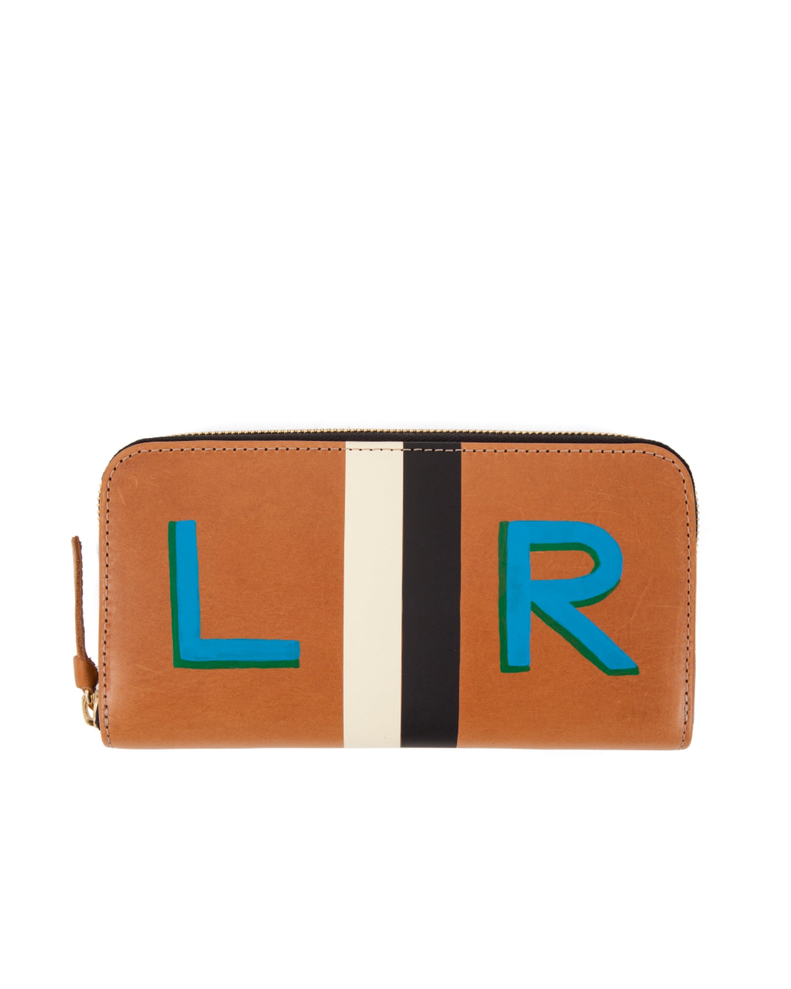 Cuoio with Black and Cream Stripes Zip Wallet with 2 Inch Hand Painted Letters On The Center