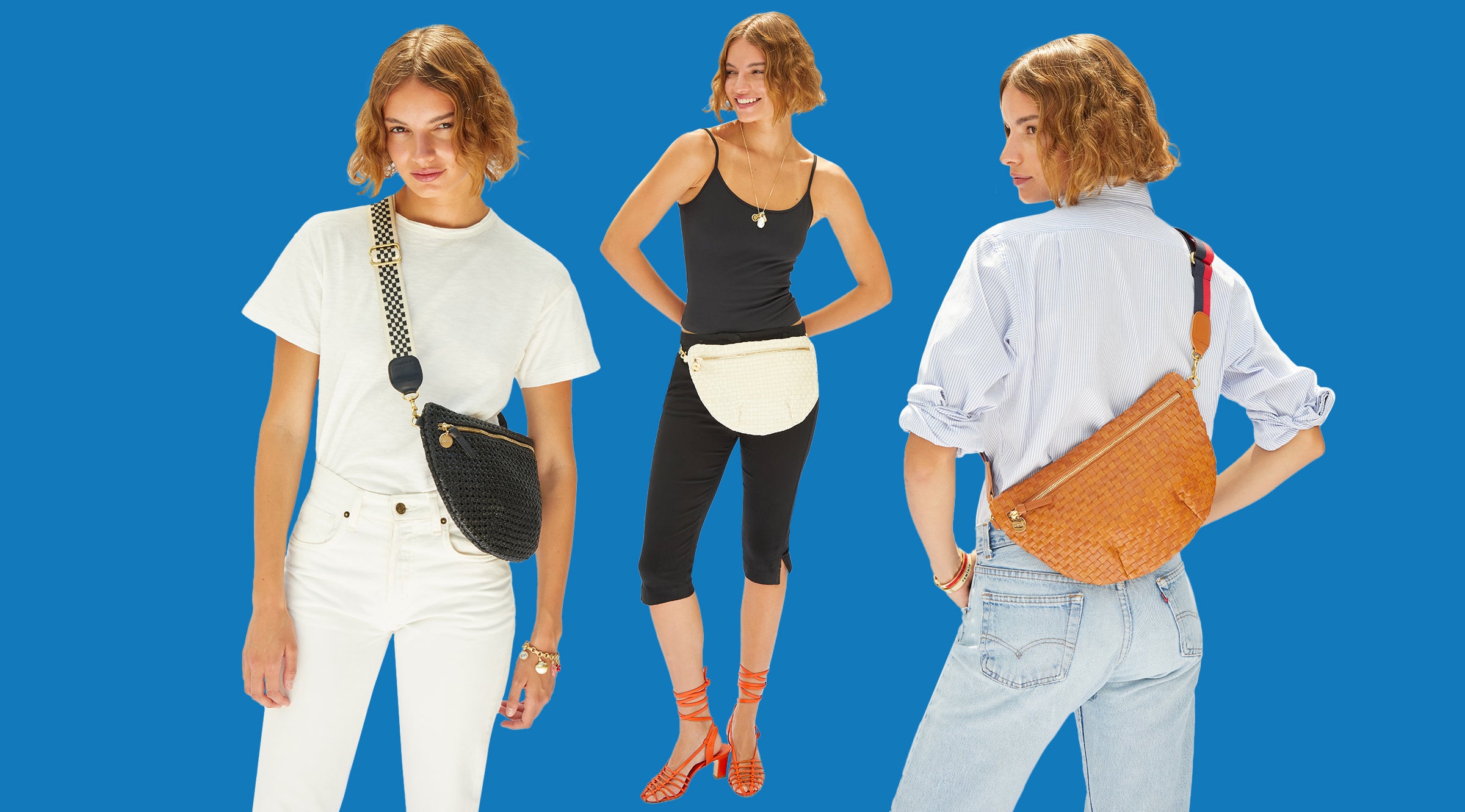 Model carrying the Black Rattan Grande Fanny three different ways. 