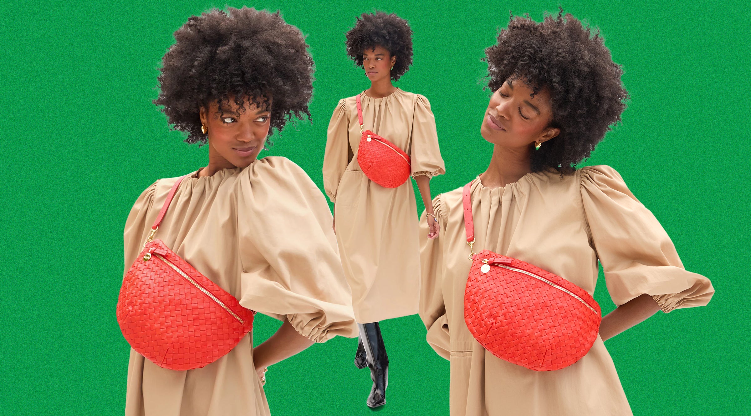 Model carrying the Bright Poppy Diagonal Woven Grande Fanny. 