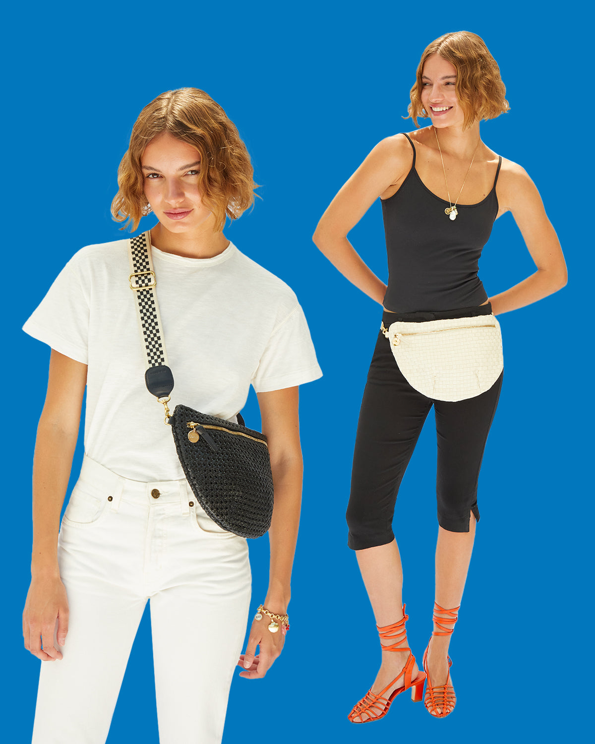 Model carrying the Grande Fanny in two different ways - around her waist and as a crossbody bag. 