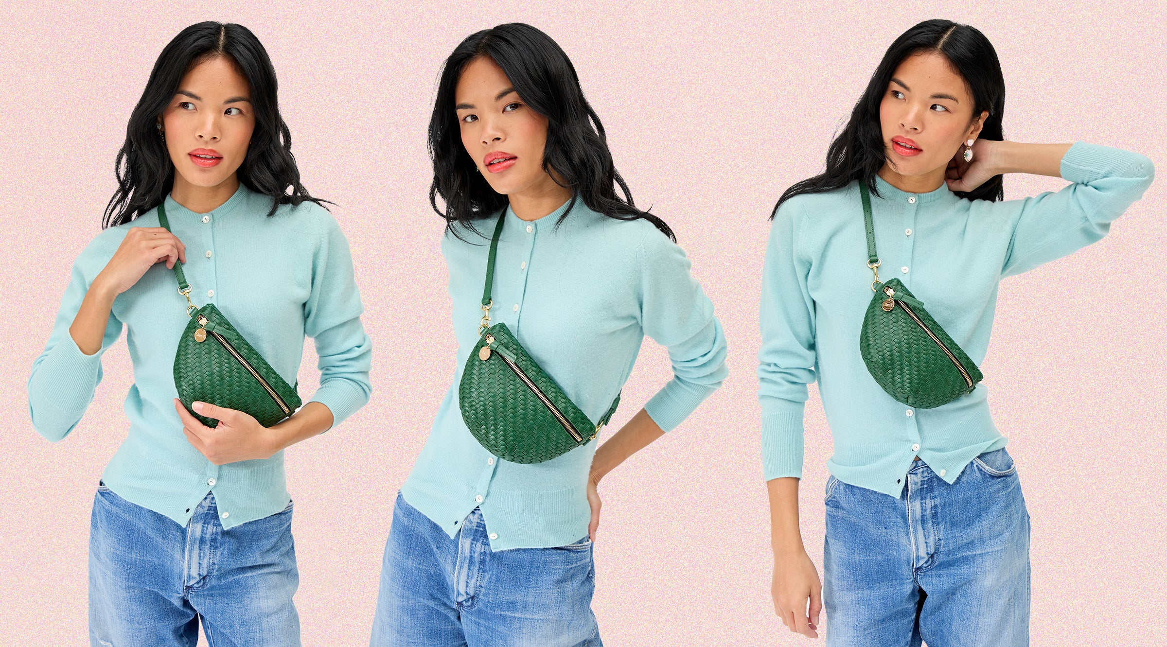 Model carrying the Evergreen Woven Grande Fanny.