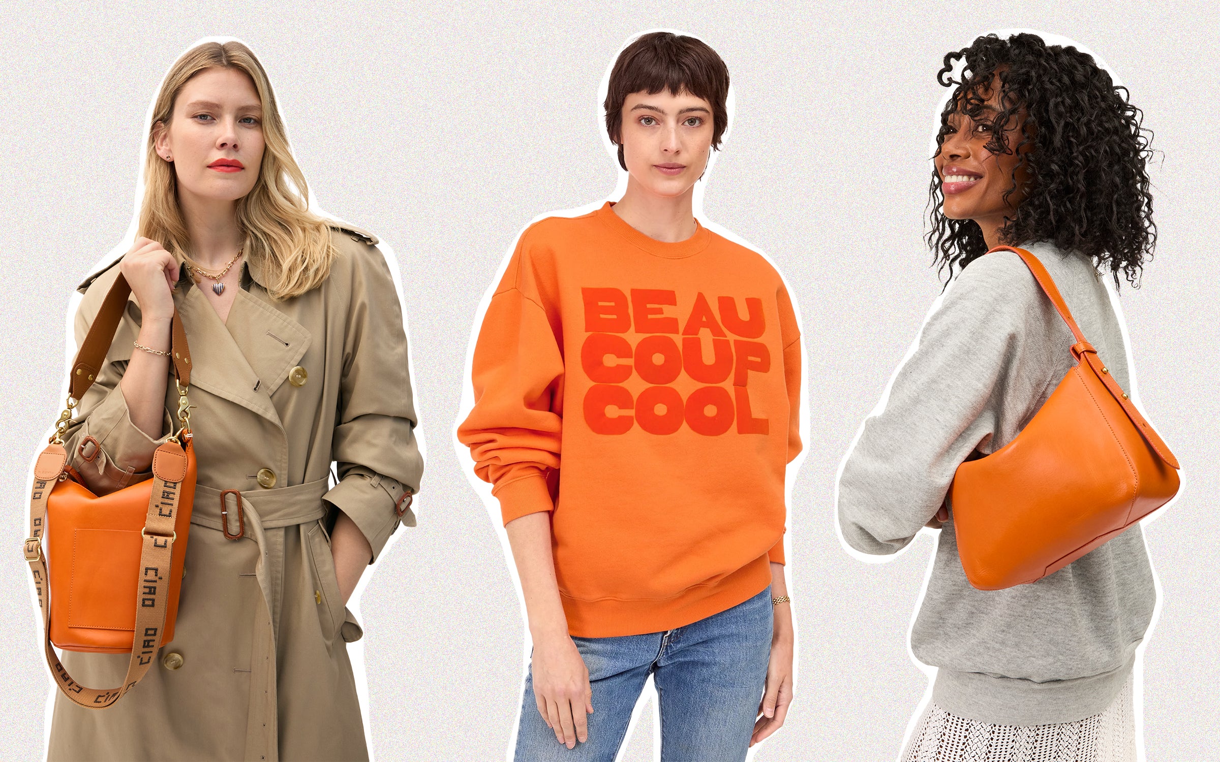 Models carrying the Zucca Petite Jeanne and Fleurine while one is wearing the Zucca Oversized Sweatshirt. 