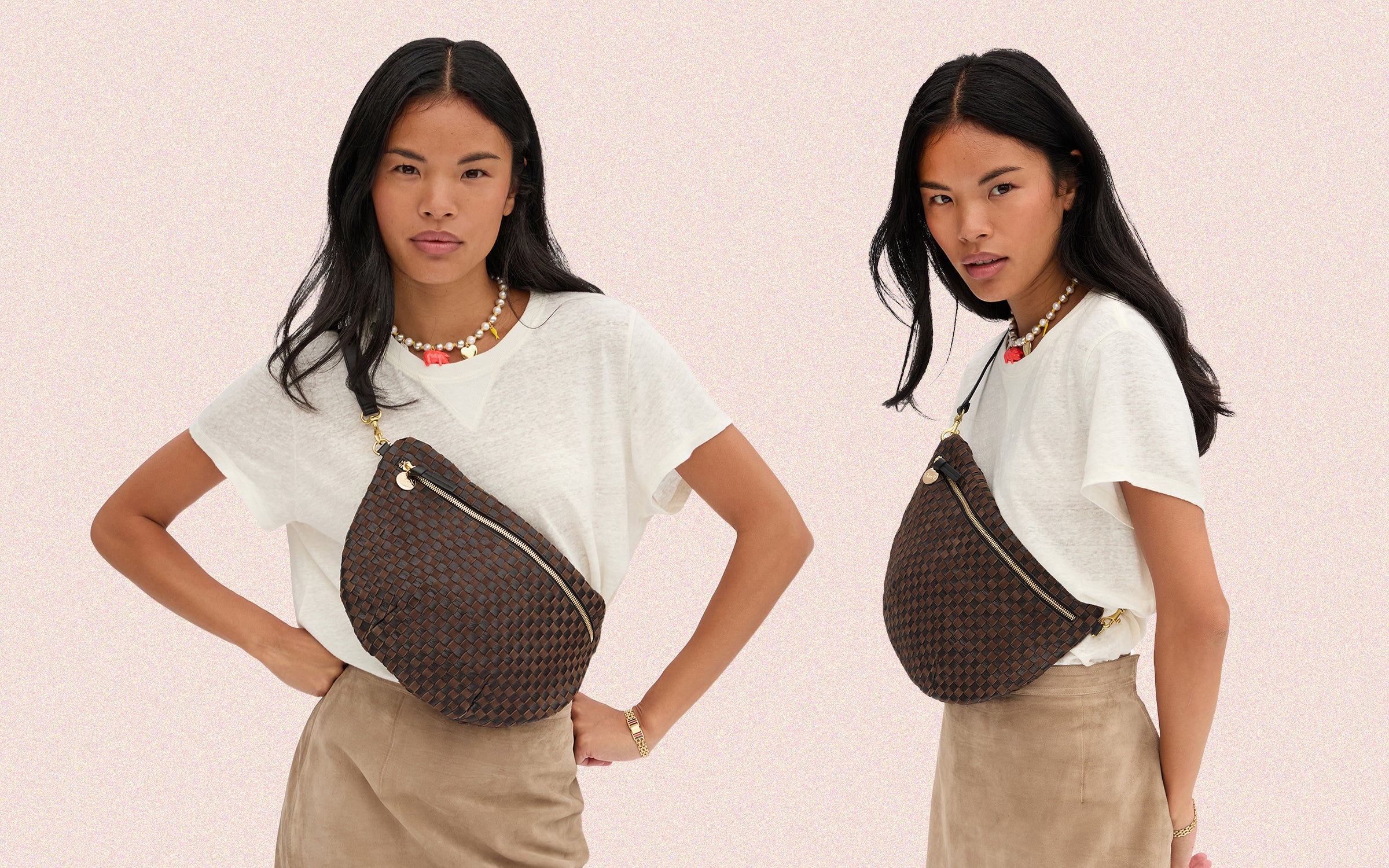 Model carrying the Black and Chocolate Woven Checker Grande Fanny.