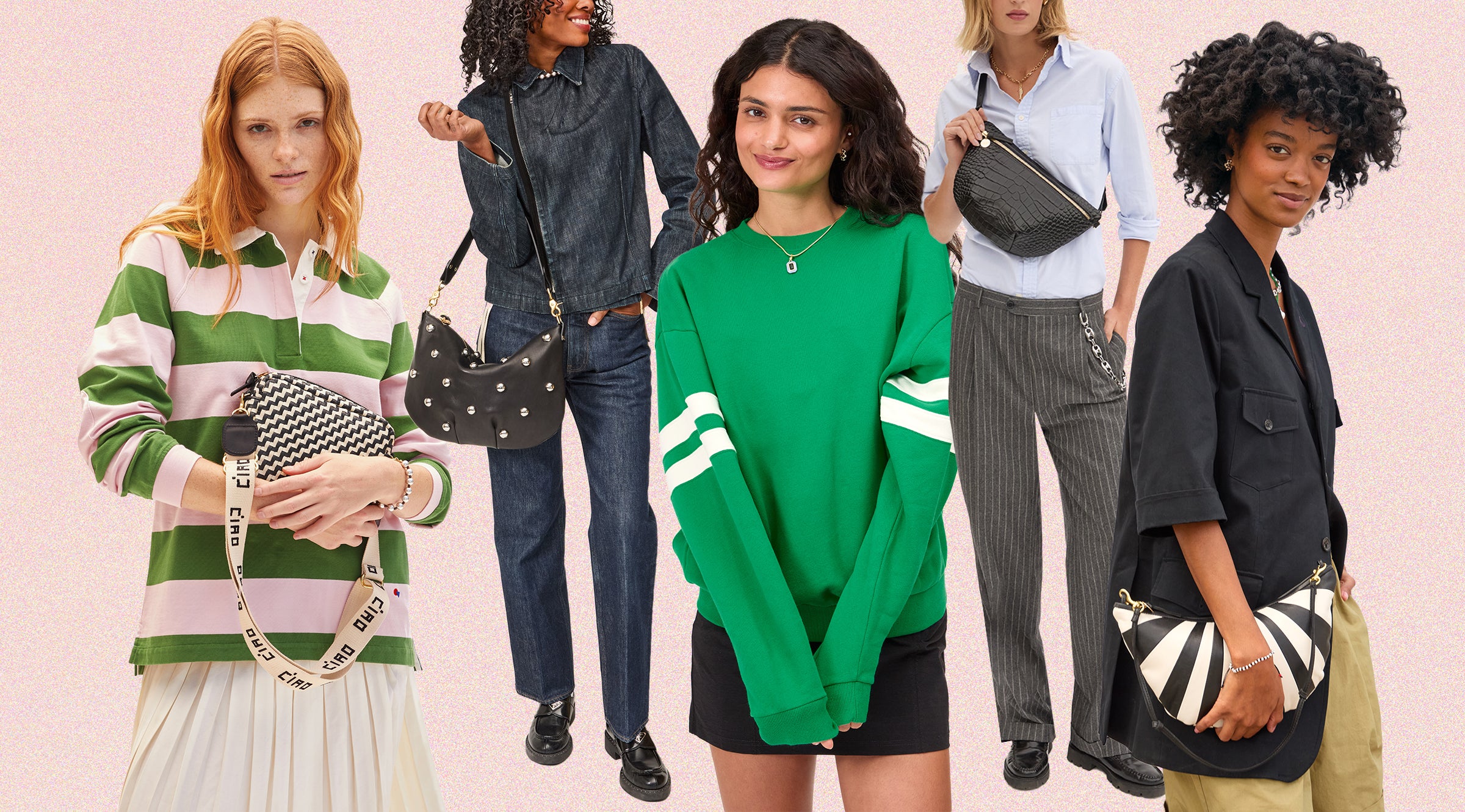 Models wearing assortment of Clare V. sale apparel and handbags. 