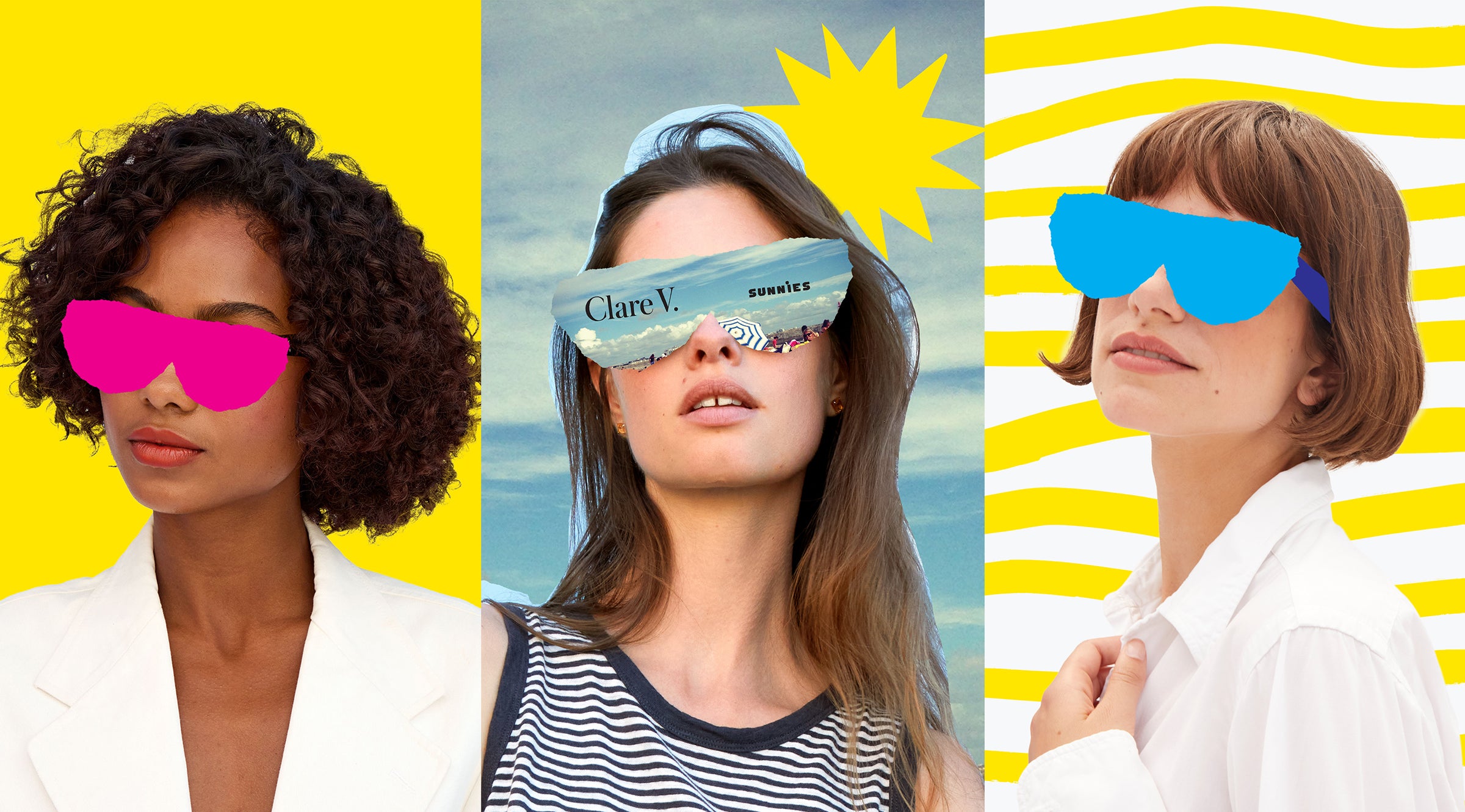Collage of three women with either hand-drawn sunglasses over their eyes or a cutout image in the shape of sunglasses covering the eyes.