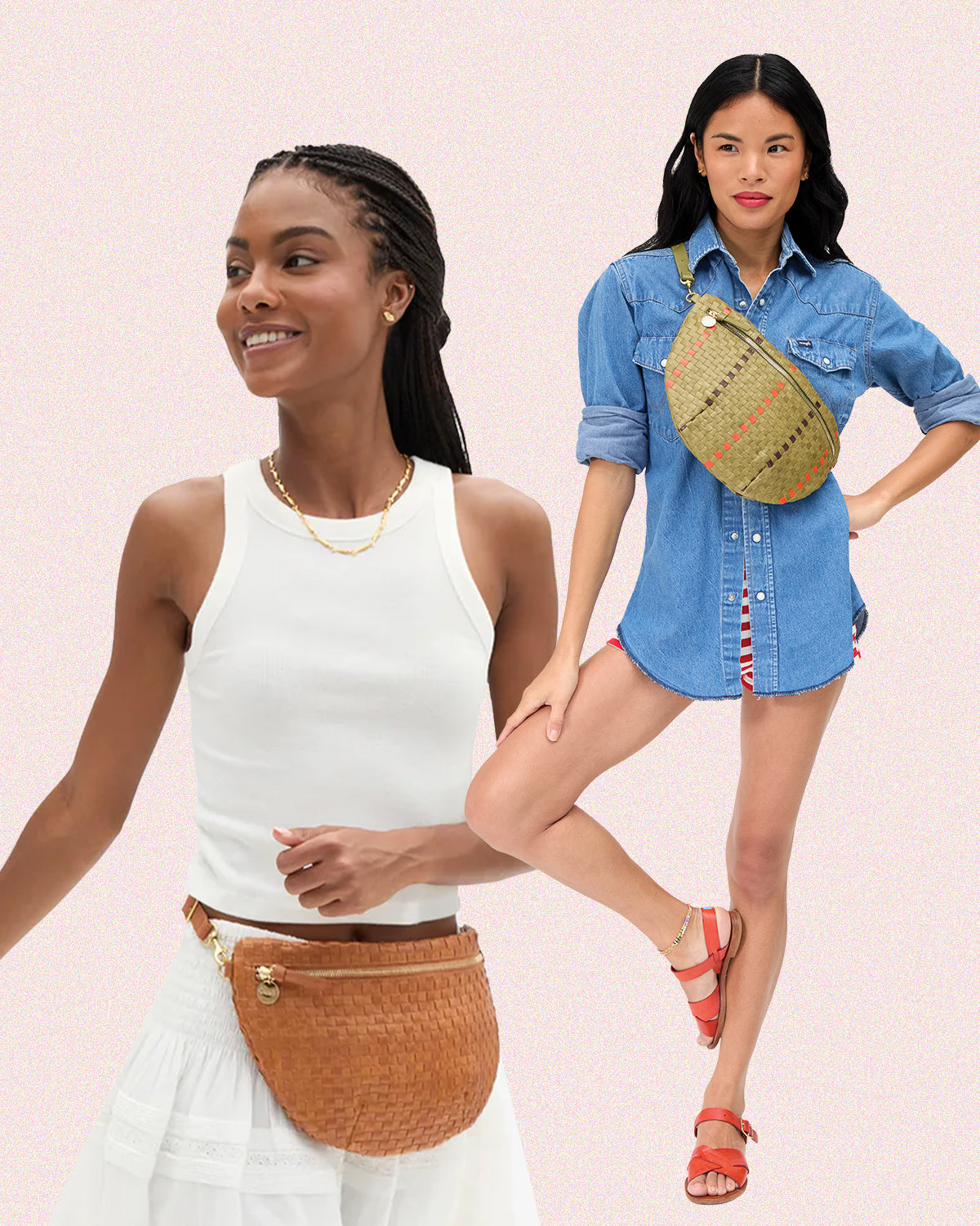 Two models carrying the Grande Fanny in two different colors. 