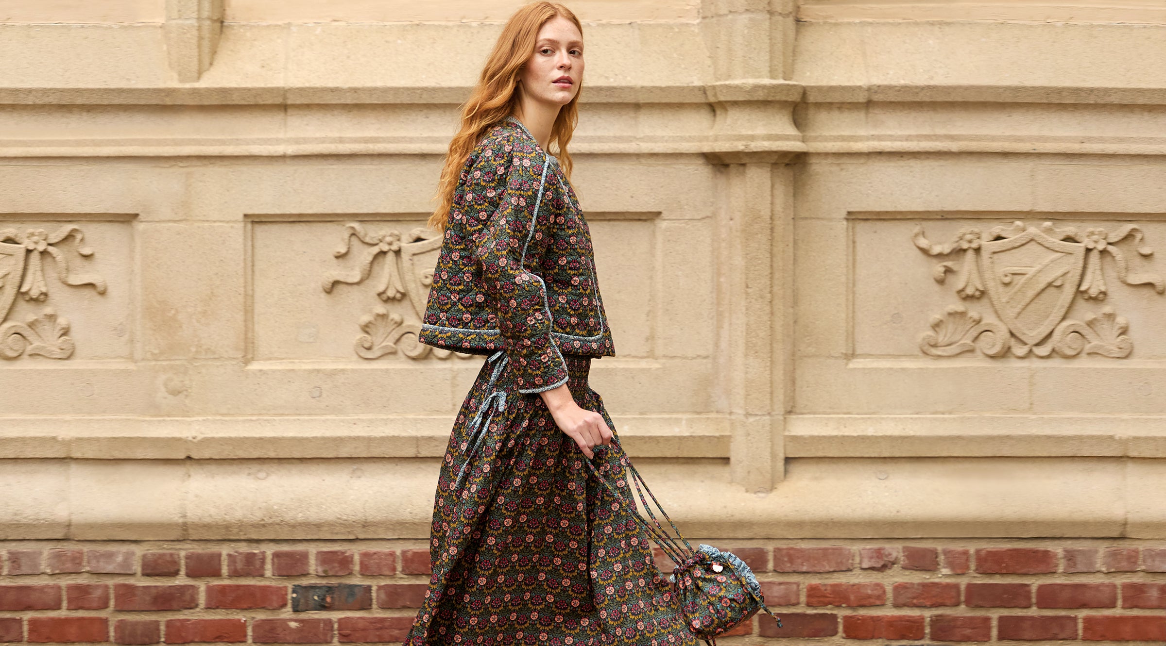 Model wearing CV x Liberty fabrics Jacket, Skirt, and Emma with Ruffle.